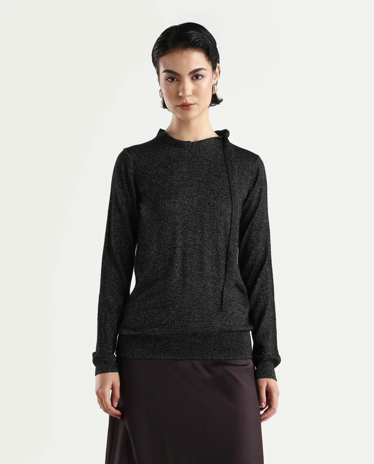 Rareism Women's Zener Black Acrylic High Neck Plain Regular Fit Sweater