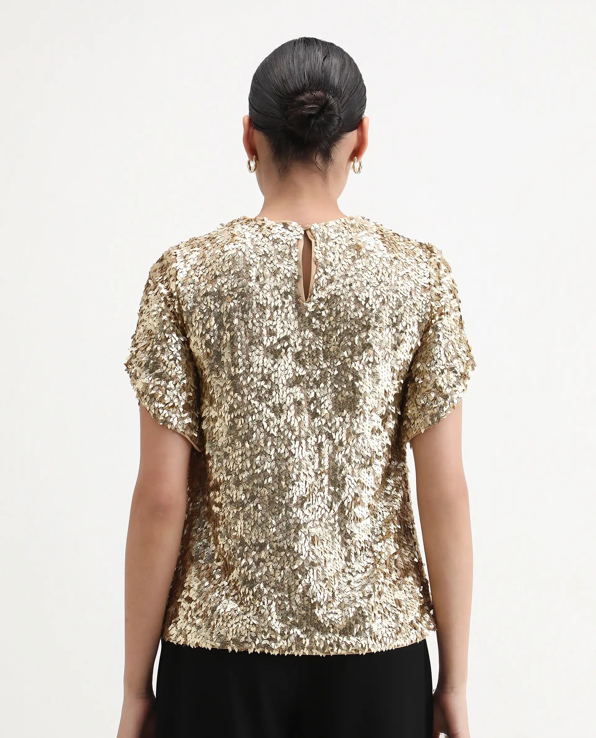Rareism Women's Zepla Mettalic Gold Sequined Crew Neck Sequined Regular Fit Top
