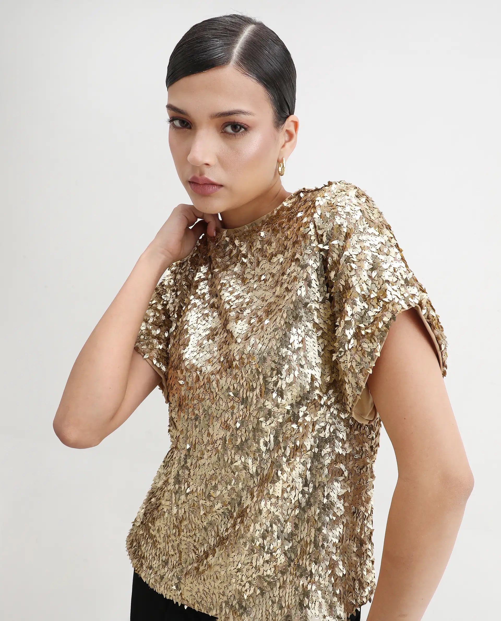 Rareism Women's Zepla Mettalic Gold Sequined Crew Neck Sequined Regular Fit Top