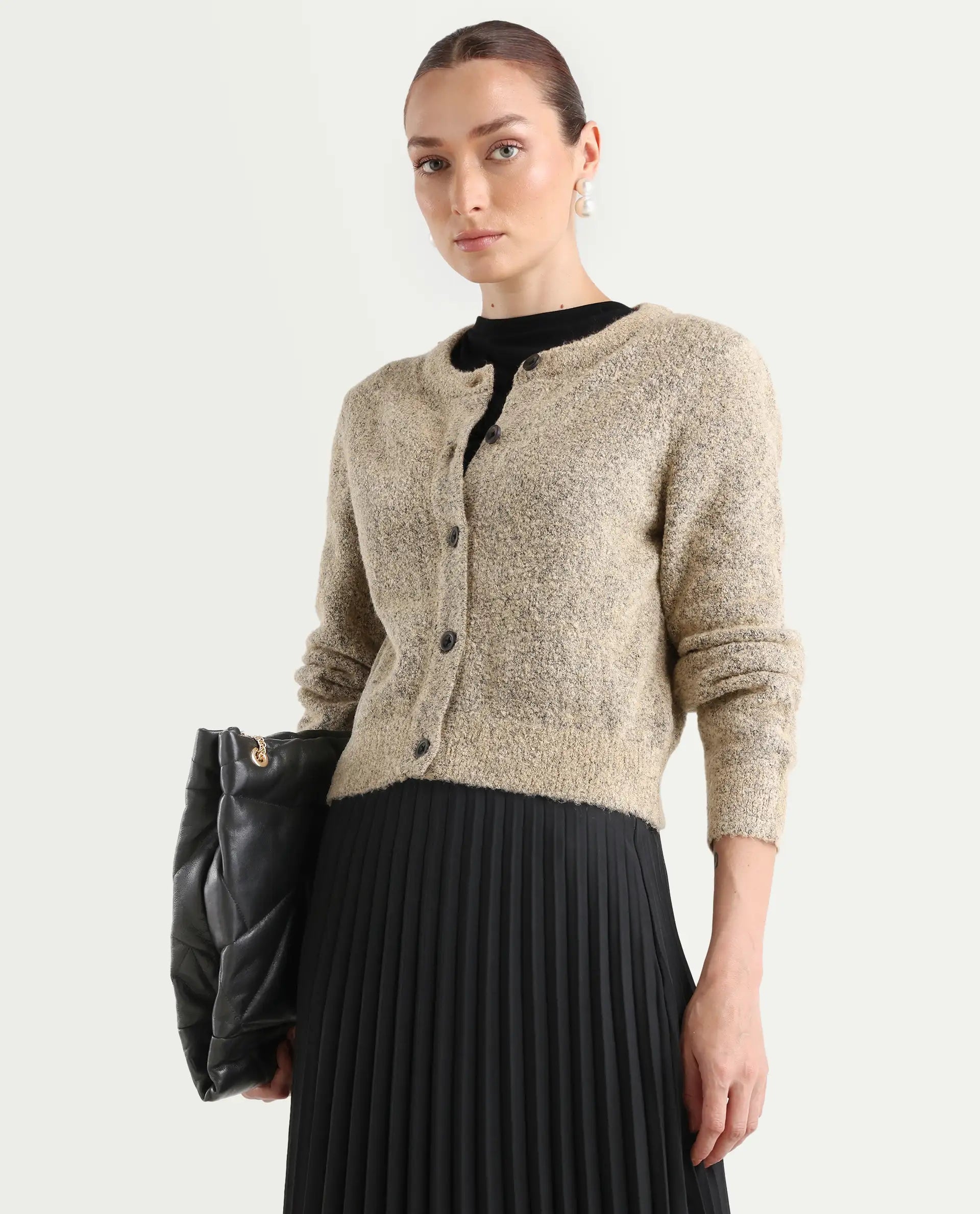 Rareism Women's Zer Beige Acrylic Blend Crew Neck Regular Fit Cardigan