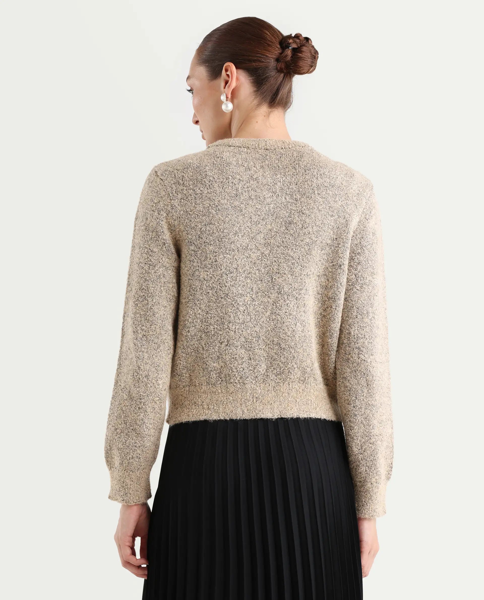 Rareism Women's Zer Beige Acrylic Blend Crew Neck Regular Fit Cardigan