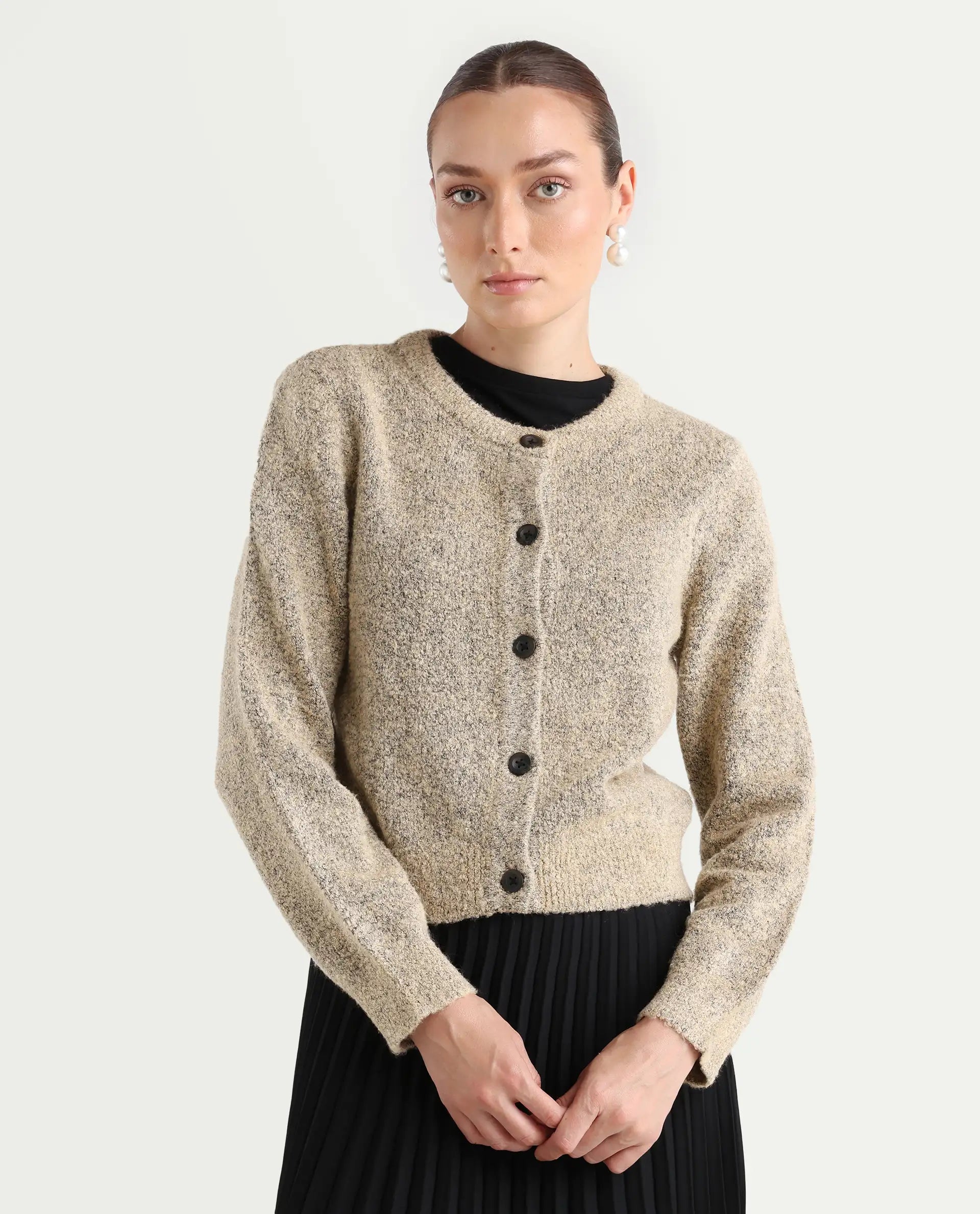 Rareism Women's Zer Beige Acrylic Blend Crew Neck Regular Fit Cardigan