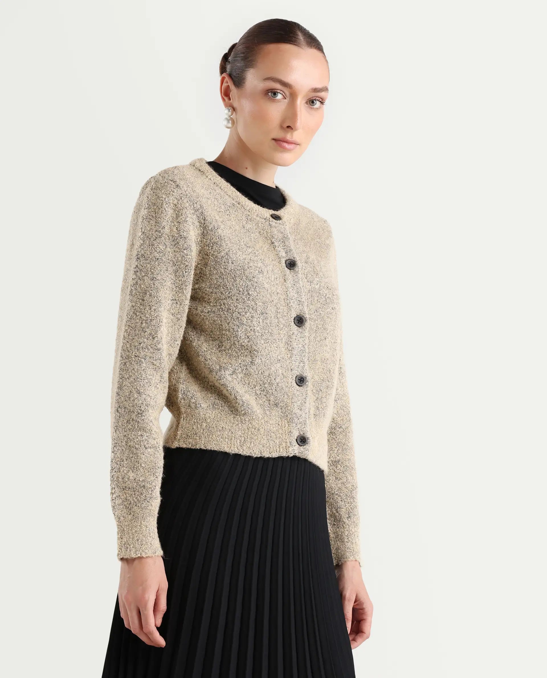 Rareism Women's Zer Beige Acrylic Blend Crew Neck Regular Fit Cardigan