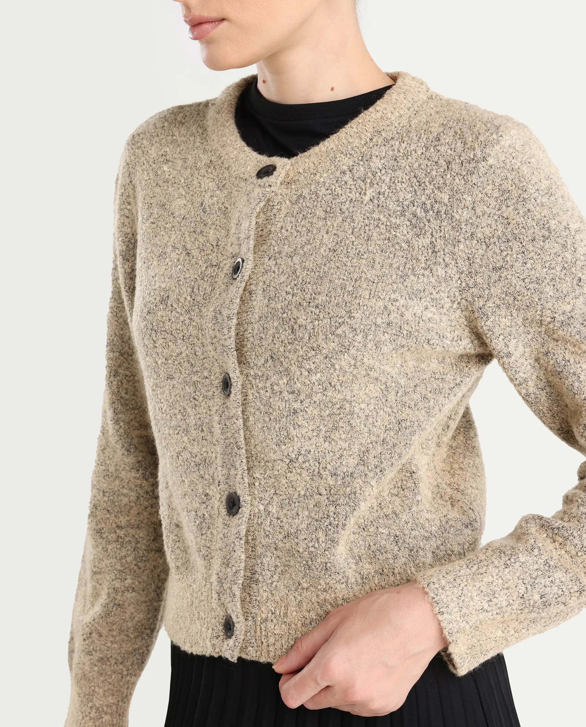 Rareism Women's Zer Beige Acrylic Blend Crew Neck Regular Fit Cardigan