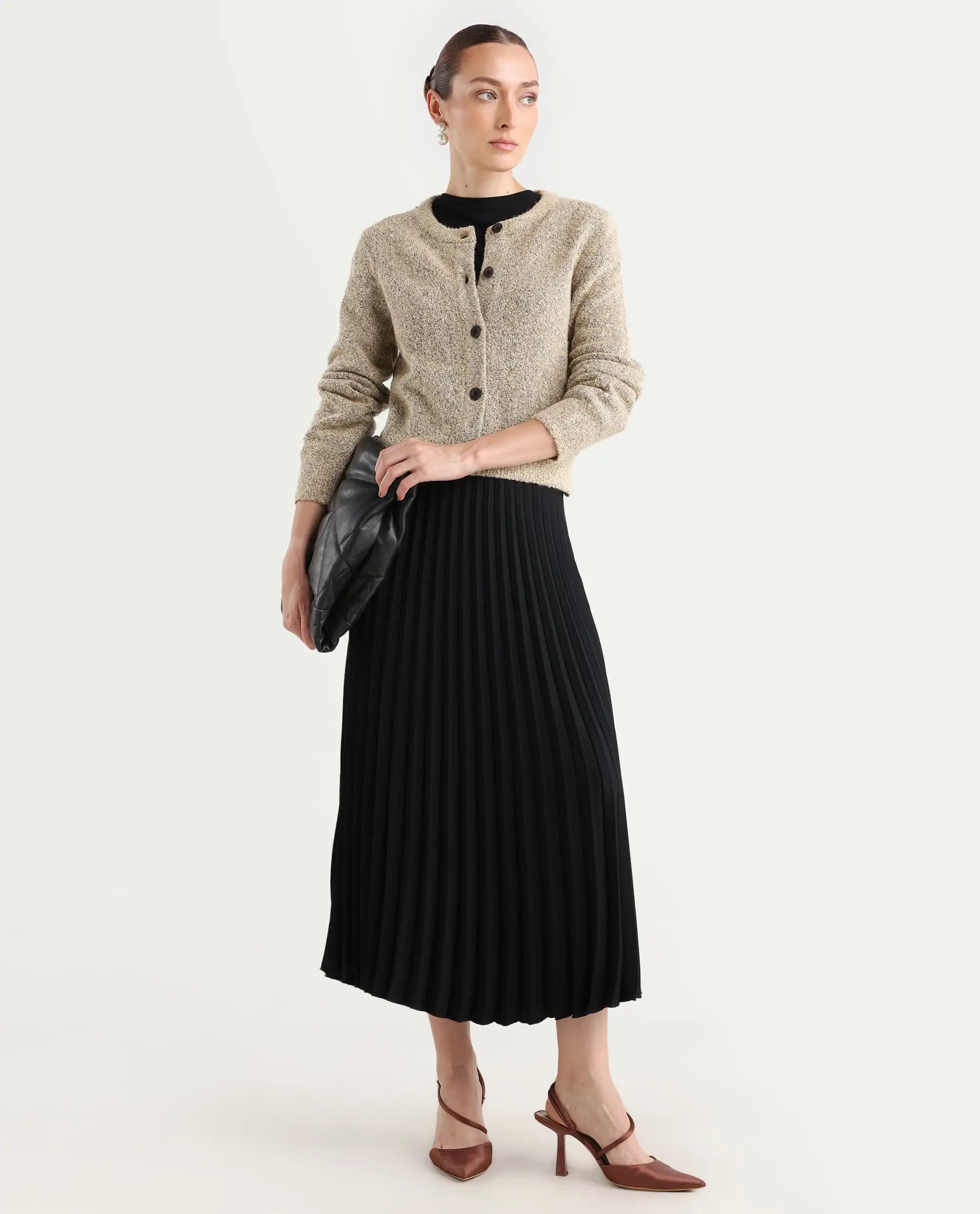 Rareism Women's Zer Beige Acrylic Blend Crew Neck Regular Fit Cardigan