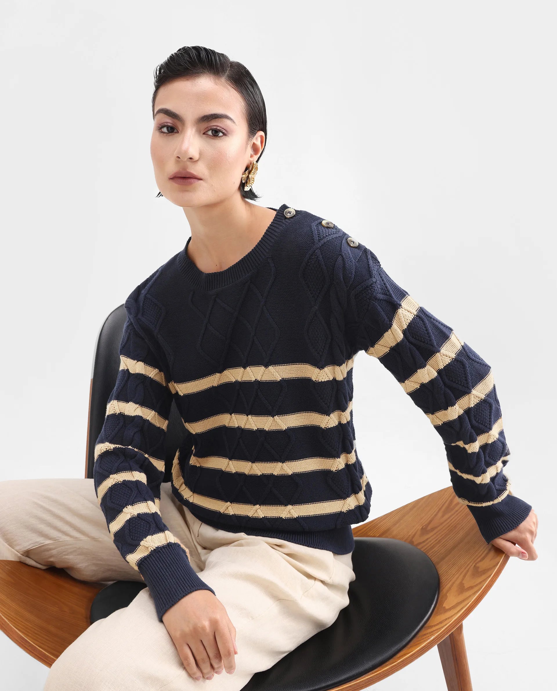 Rareism Women's Zerna Dark Navy Cotton Crew Neck Plain Regular Fit Sweater