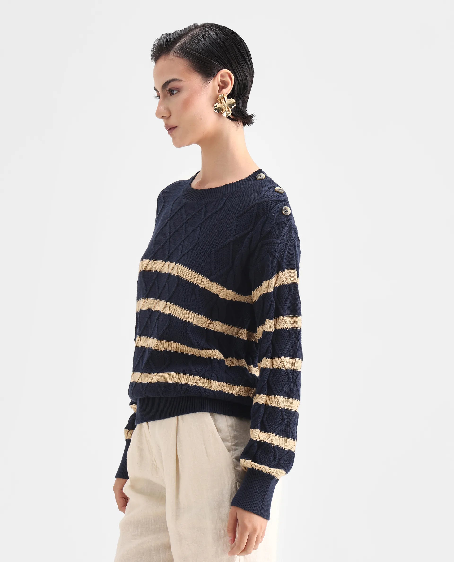 Rareism Women's Zerna Dark Navy Cotton Crew Neck Plain Regular Fit Sweater