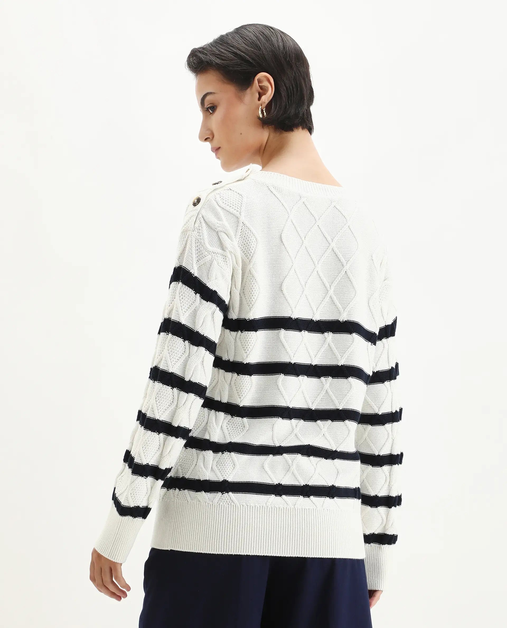 Rareism Women's Zerna White Cotton Crew Neck Regular Fit Sweater