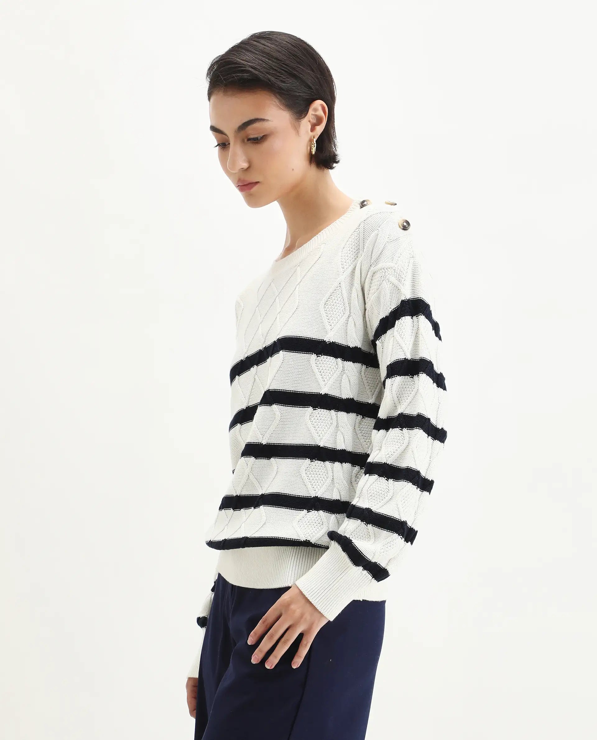 Rareism Women's Zerna White Cotton Crew Neck Regular Fit Sweater