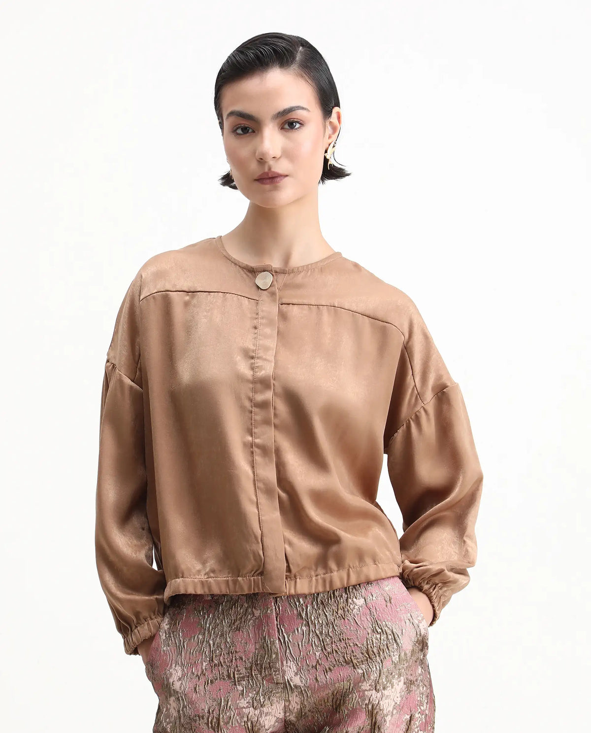Rareism Women's Zerra Yellow Satin Crew Neck Plain Bishop Sleeve Relaxed Fit Top