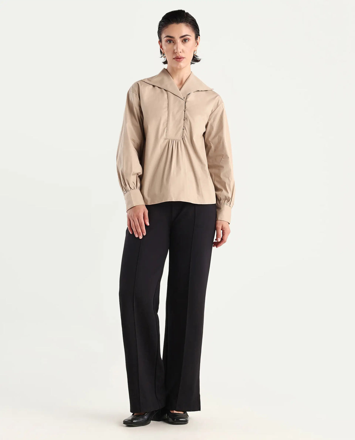 Rareism Women's Zes Beige Cotton Blend Drop Collar Plain Bishop Sleeve Relaxed Fit Top