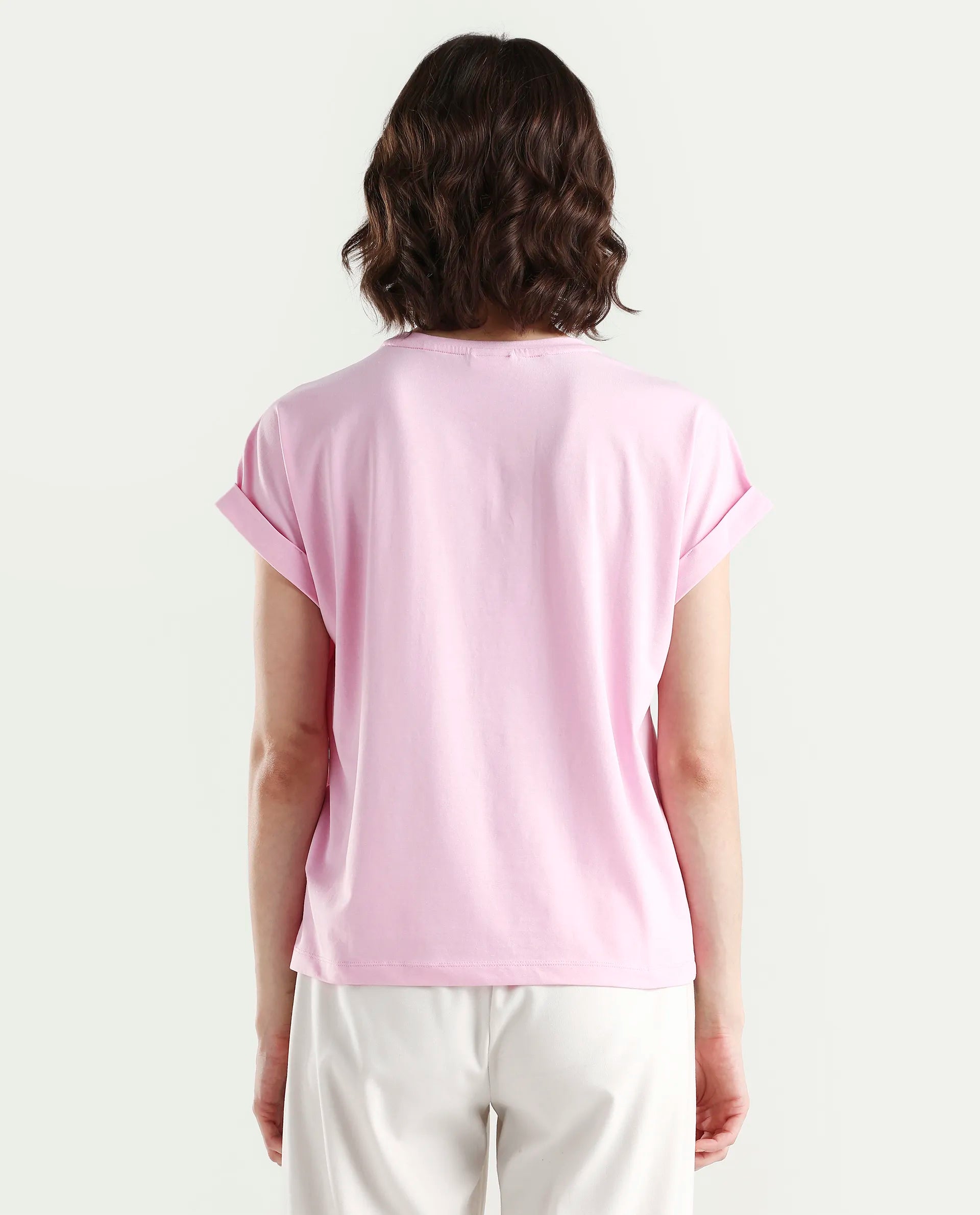 Rareism Women's Zeta Light Pink Cotton Blend Half Sleeve Relaxed Fit Typography Print T-Shirt