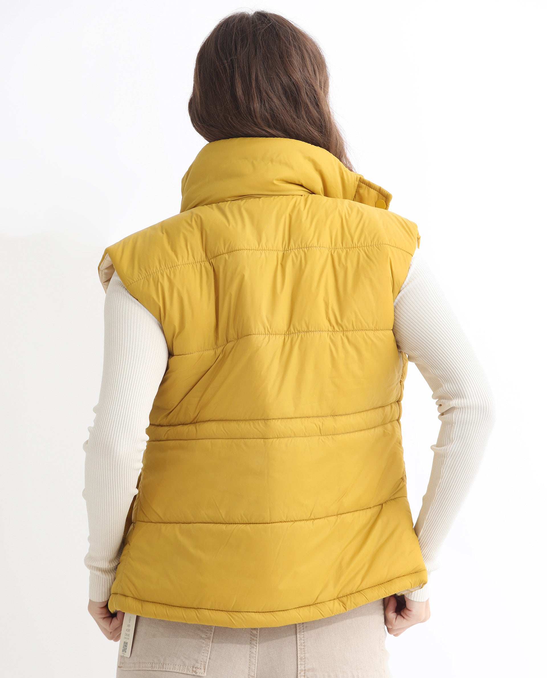 Rareism Women Ziazan Yellow Polyester Fabric Sleeveless Solid High Neck Jacket