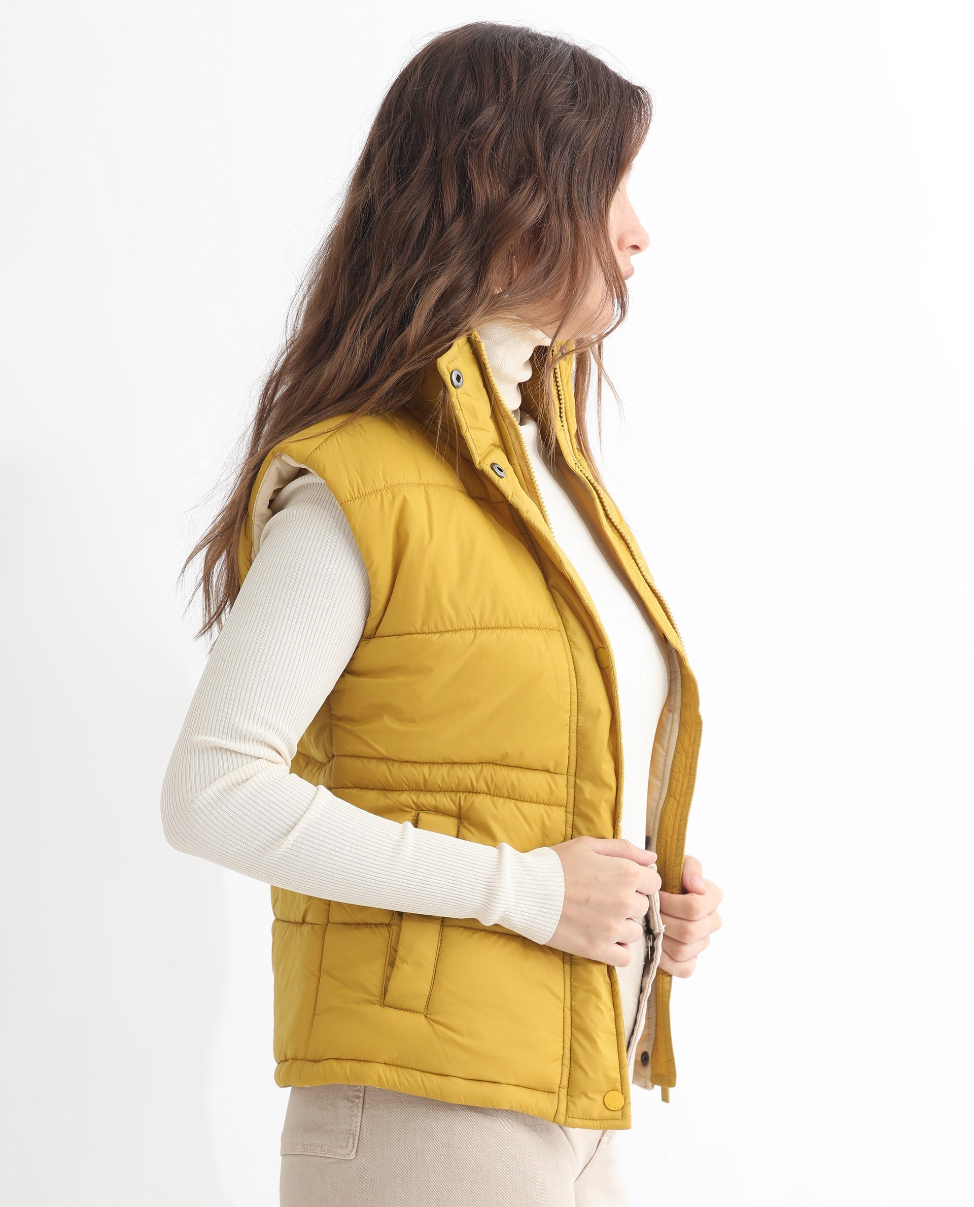 Rareism Women's Ziazan Yellow Polyester High Neck Plain Sleeveless Regular Fit Jacket
