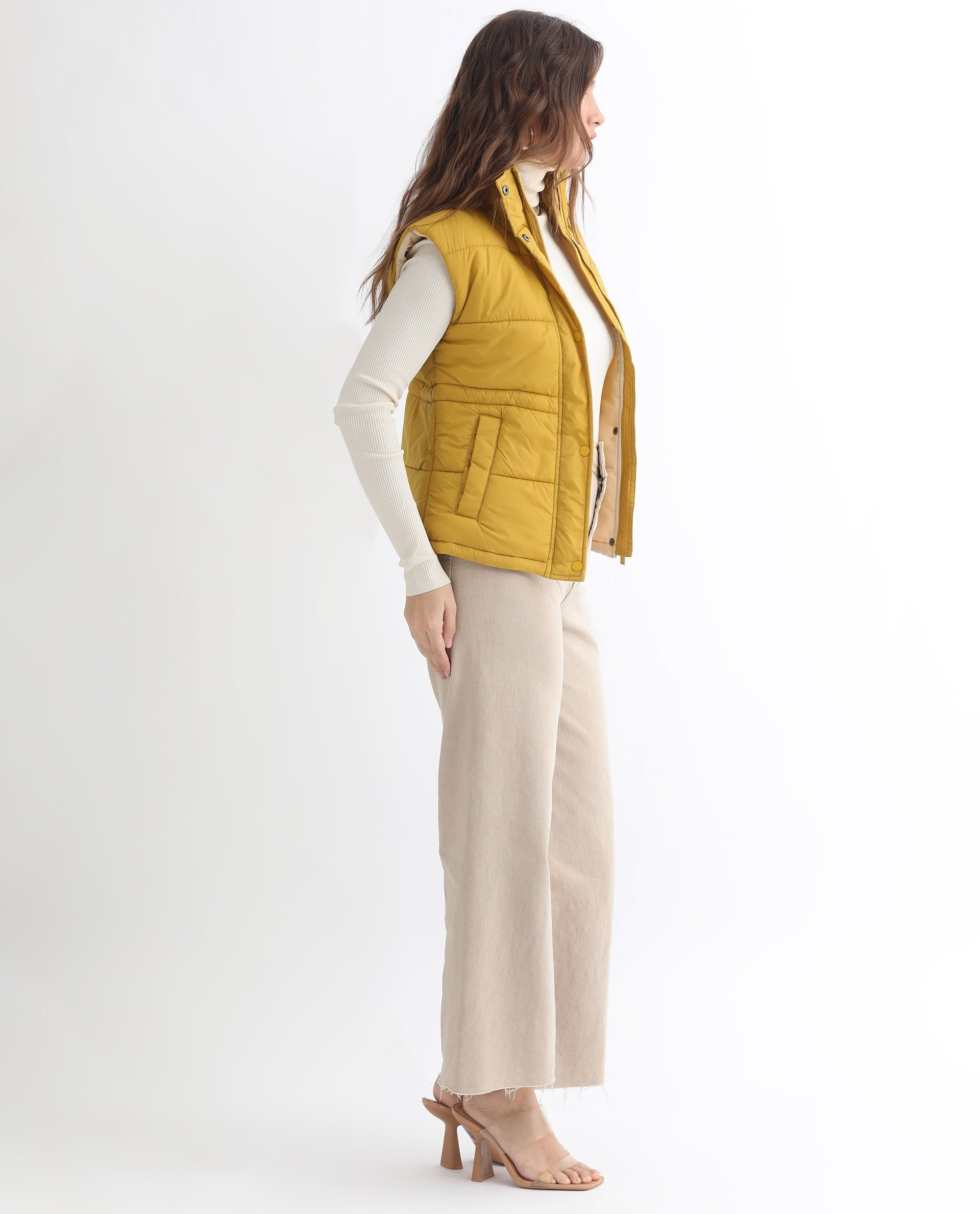 Rareism Women's Ziazan Yellow Polyester High Neck Plain Sleeveless Regular Fit Jacket
