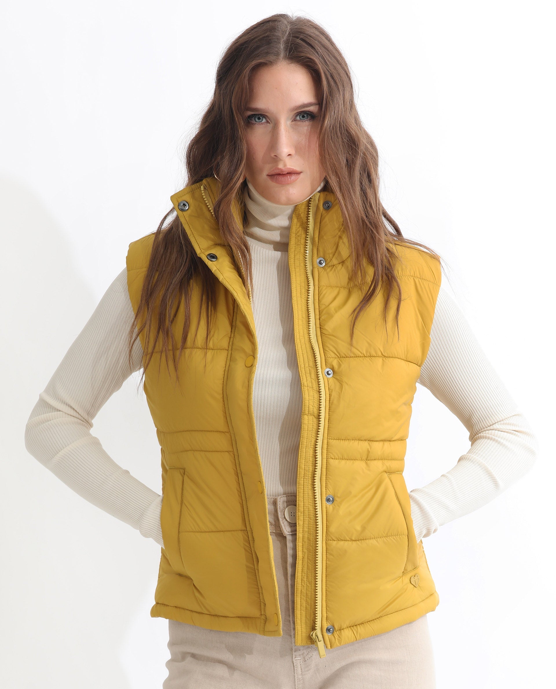 Rareism Women Ziazan Yellow Polyester Fabric Sleeveless Solid High Neck Jacket