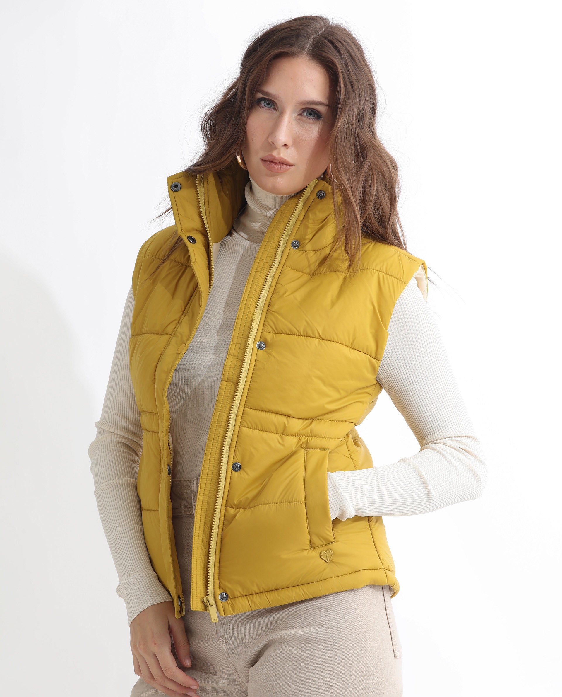 Rareism Women's Ziazan Yellow Polyester High Neck Plain Sleeveless Regular Fit Jacket