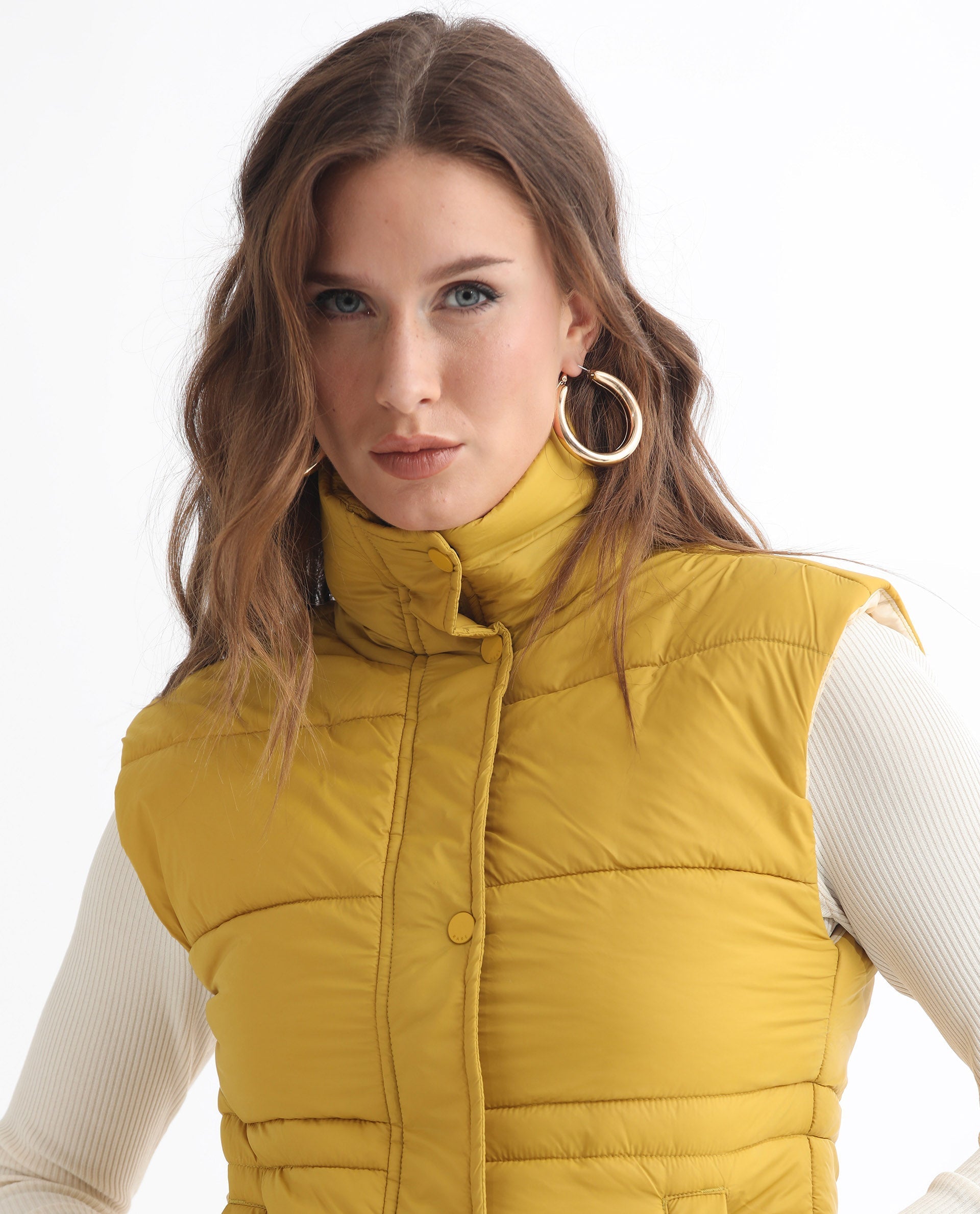 Rareism Women Ziazan Yellow Polyester Fabric Sleeveless Solid High Neck Jacket