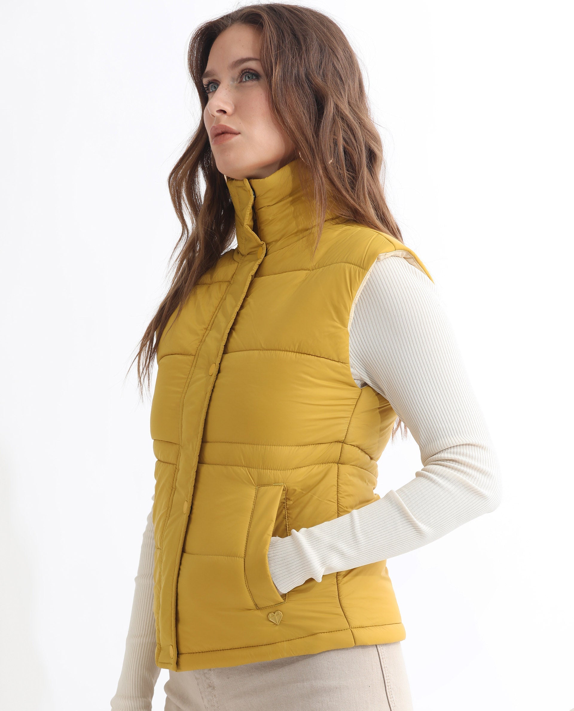 Rareism Women Ziazan Yellow Polyester Fabric Sleeveless Solid High Neck Jacket