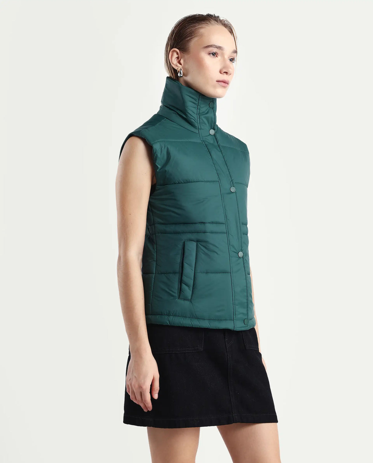 Rareism Women's Ziazan Green Polyester High Neck Plain Sleeveless Regular Fit Jacket