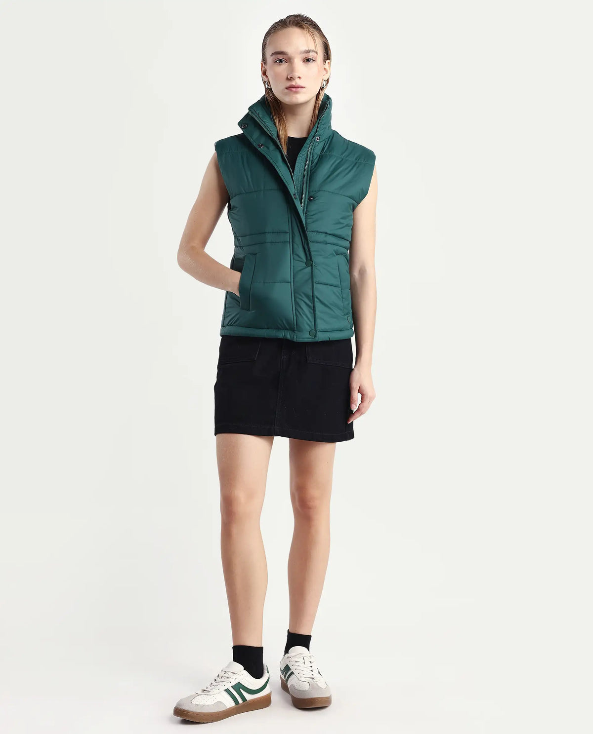 Rareism Women's Ziazan Green Polyester High Neck Plain Sleeveless Regular Fit Jacket
