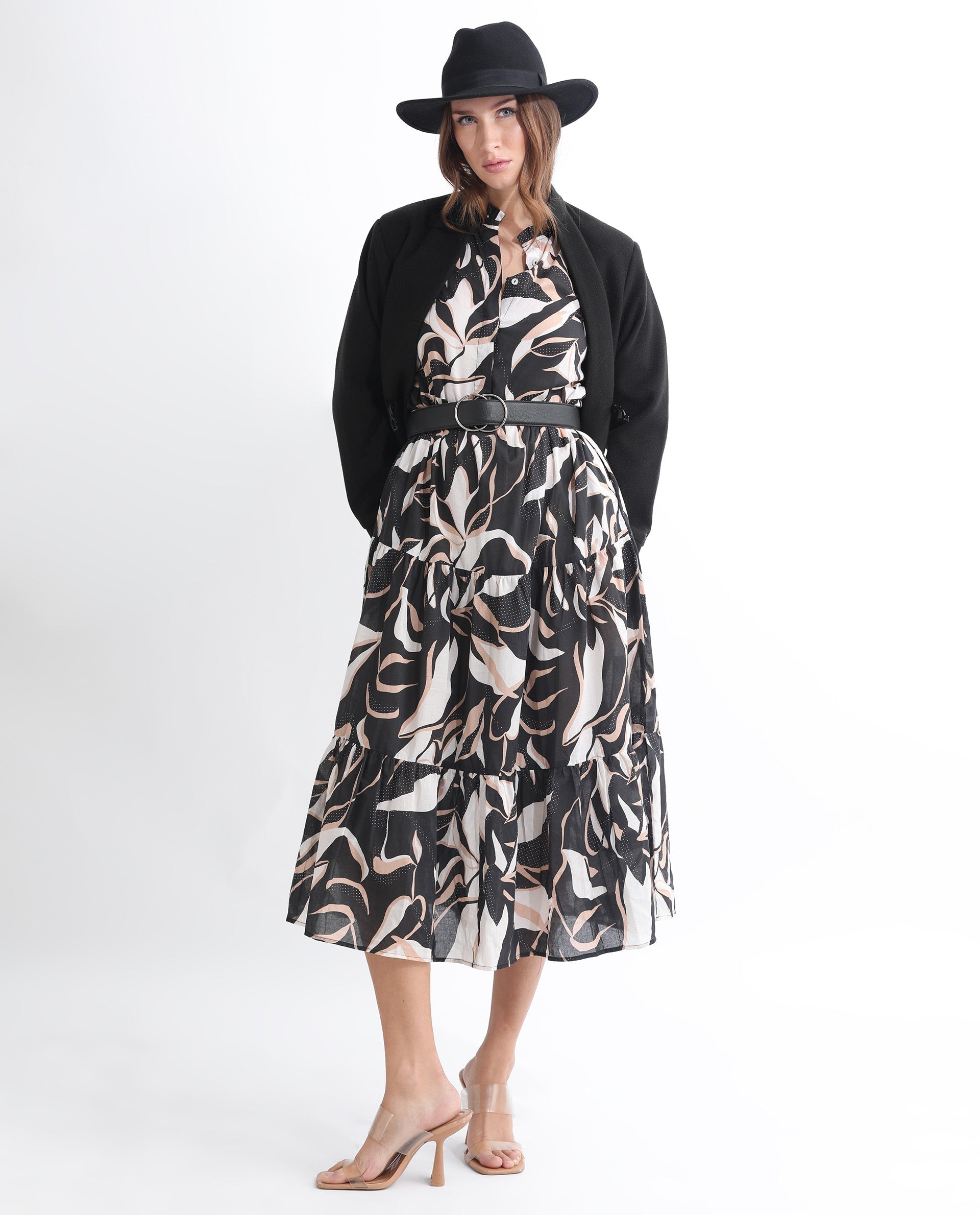 Rareism Women's Zigzora Black Cotton Sweetheart Neck Abstract Print Knee Length Regular Fit Dress