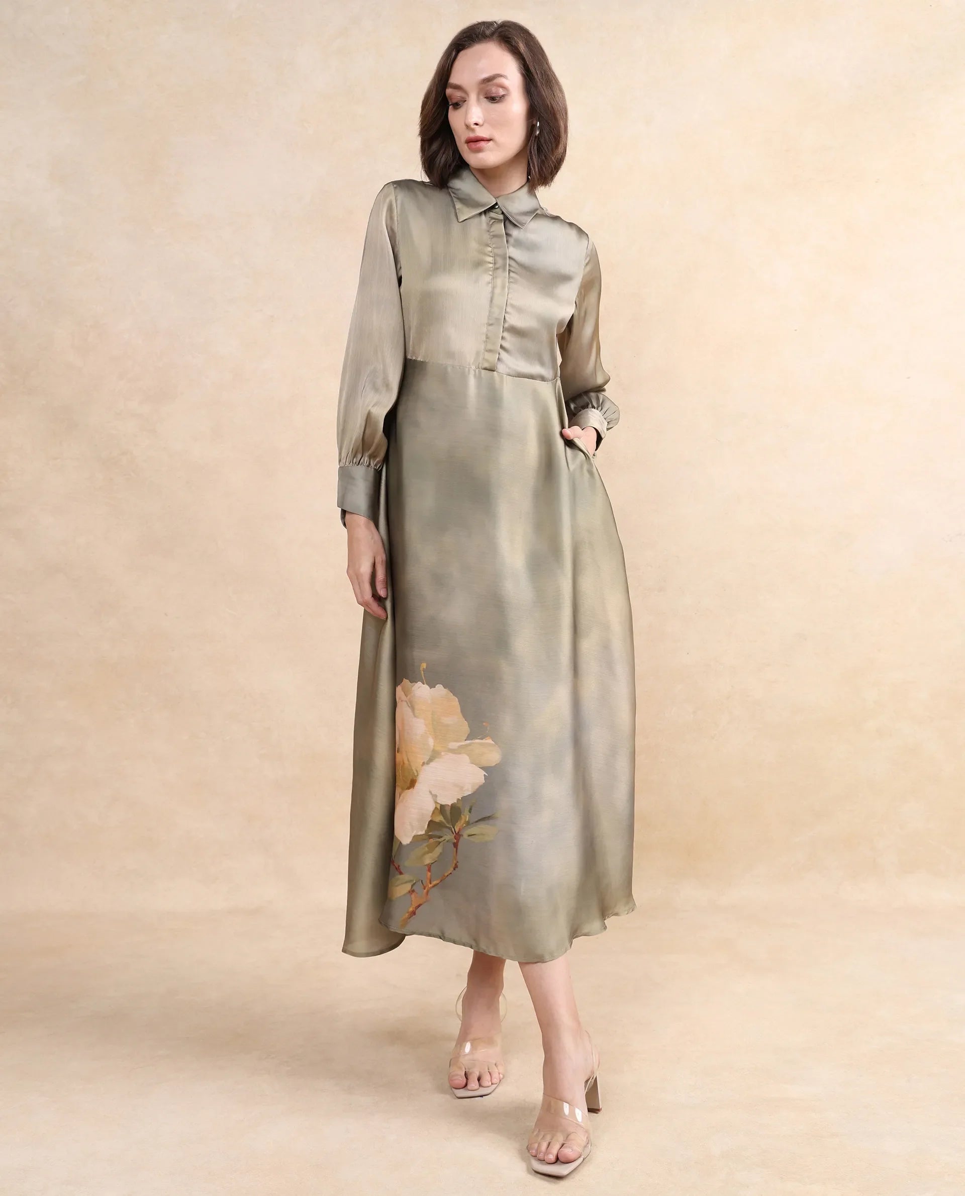 Rareism Women's Zihawk Olive Satin Drop Collar Floral Print Cuffed Sleeve Midi Flared Dress