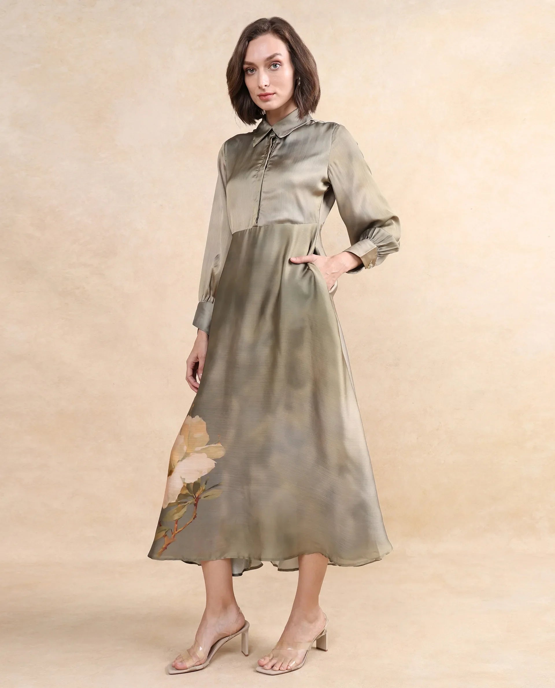 Rareism Women's Zihawk Olive Satin Drop Collar Floral Print Cuffed Sleeve Midi Flared Dress