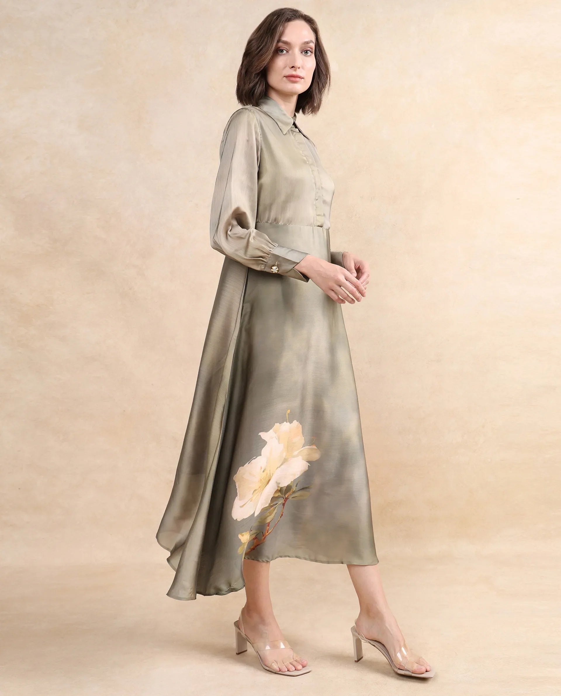 Rareism Women's Zihawk Olive Satin Drop Collar Floral Print Cuffed Sleeve Midi Flared Dress