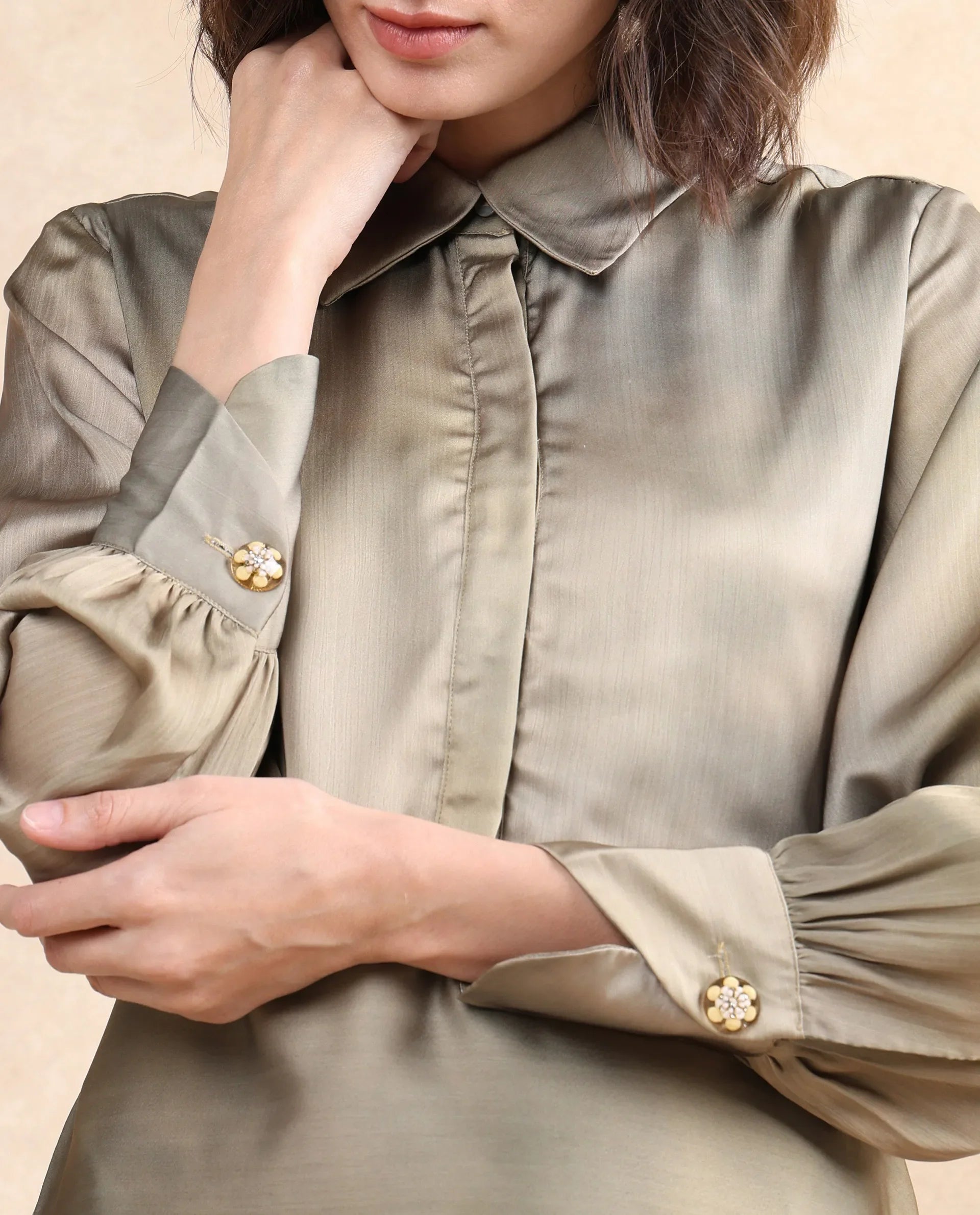 Rareism Women Zihawk Olive Satin Cuffed Sleeve Collared Neck Button Closure Flared Midi Floral Print Dress