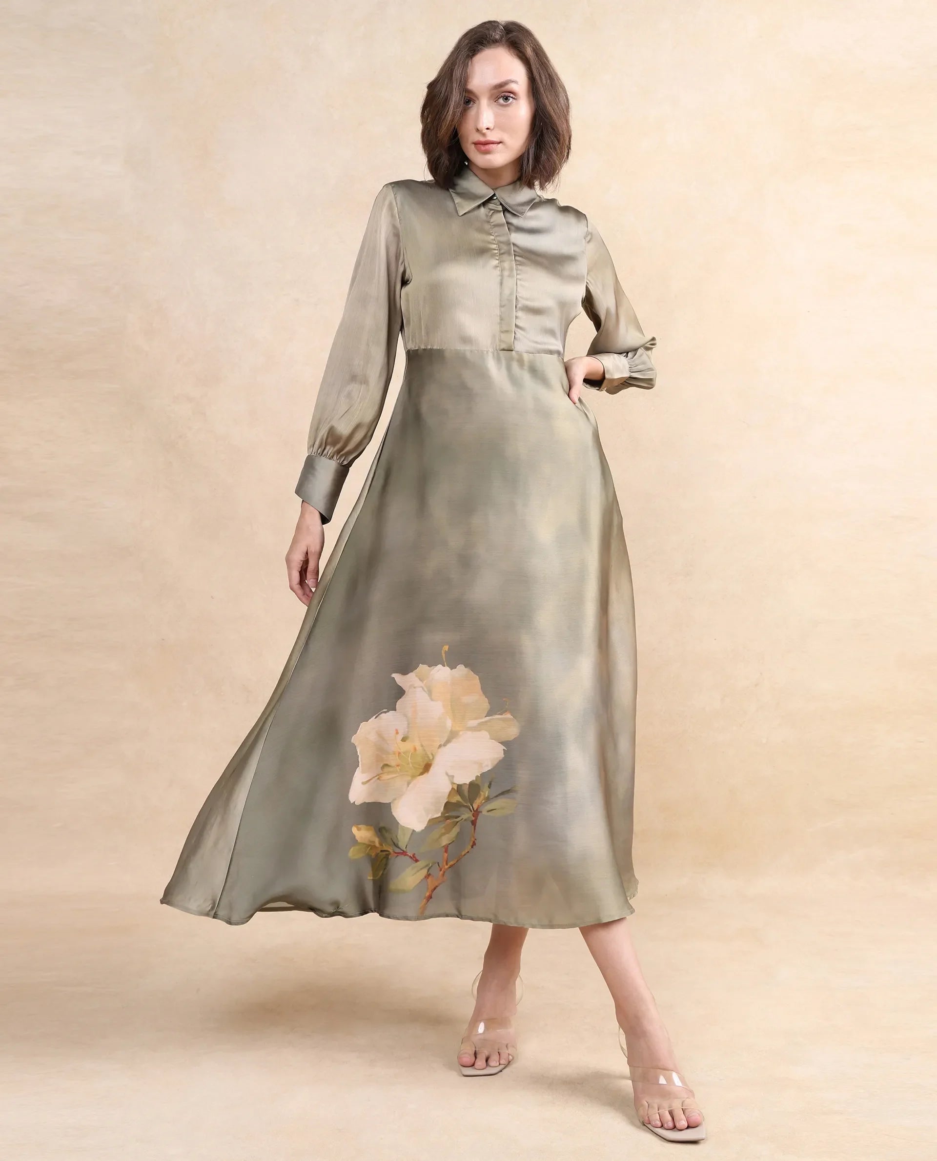Rareism Women's Zihawk Olive Satin Drop Collar Floral Print Cuffed Sleeve Midi Flared Dress