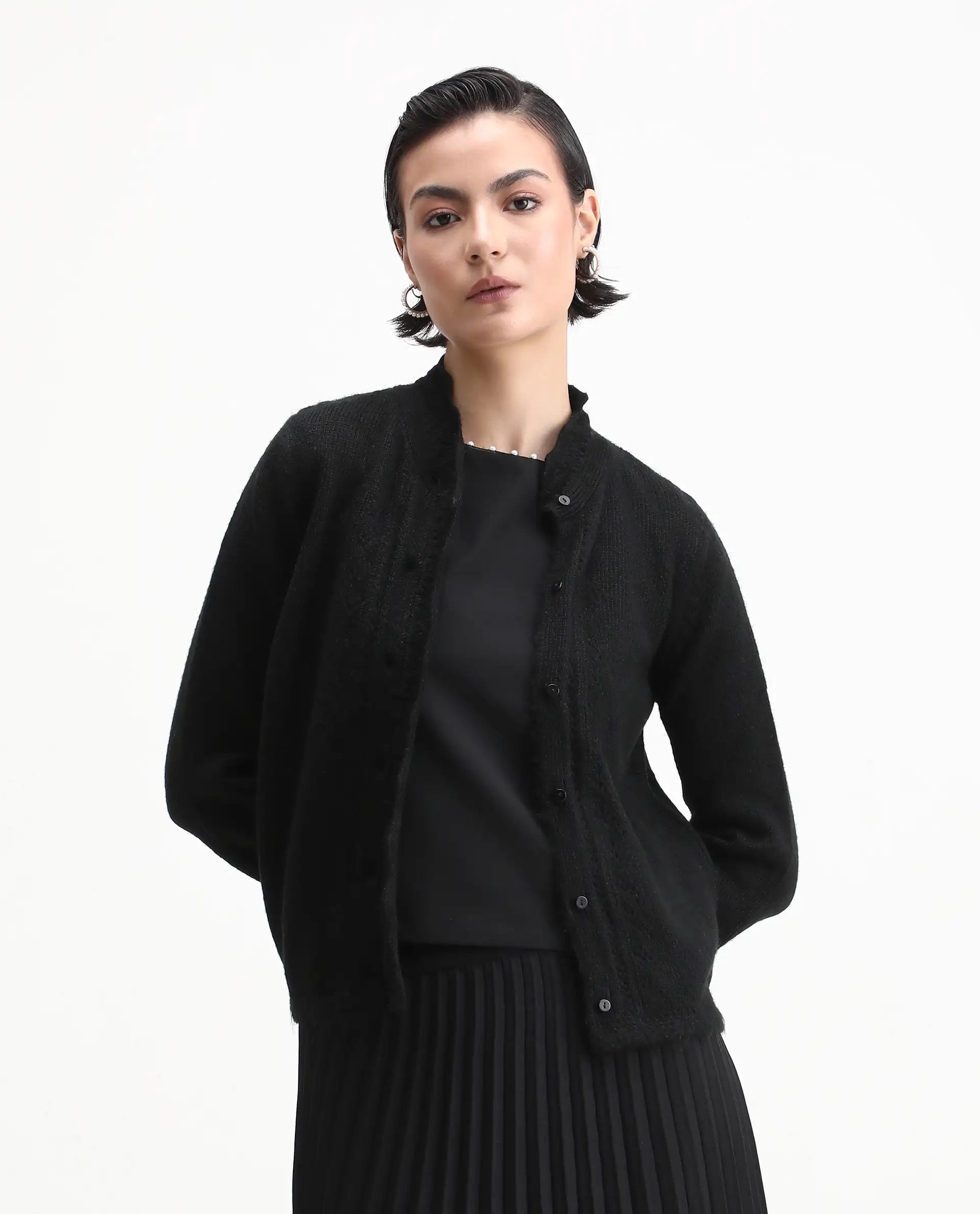 Rareism Women's Zika Black Acrylic Blend Crew Neck Regular Fit Shrug