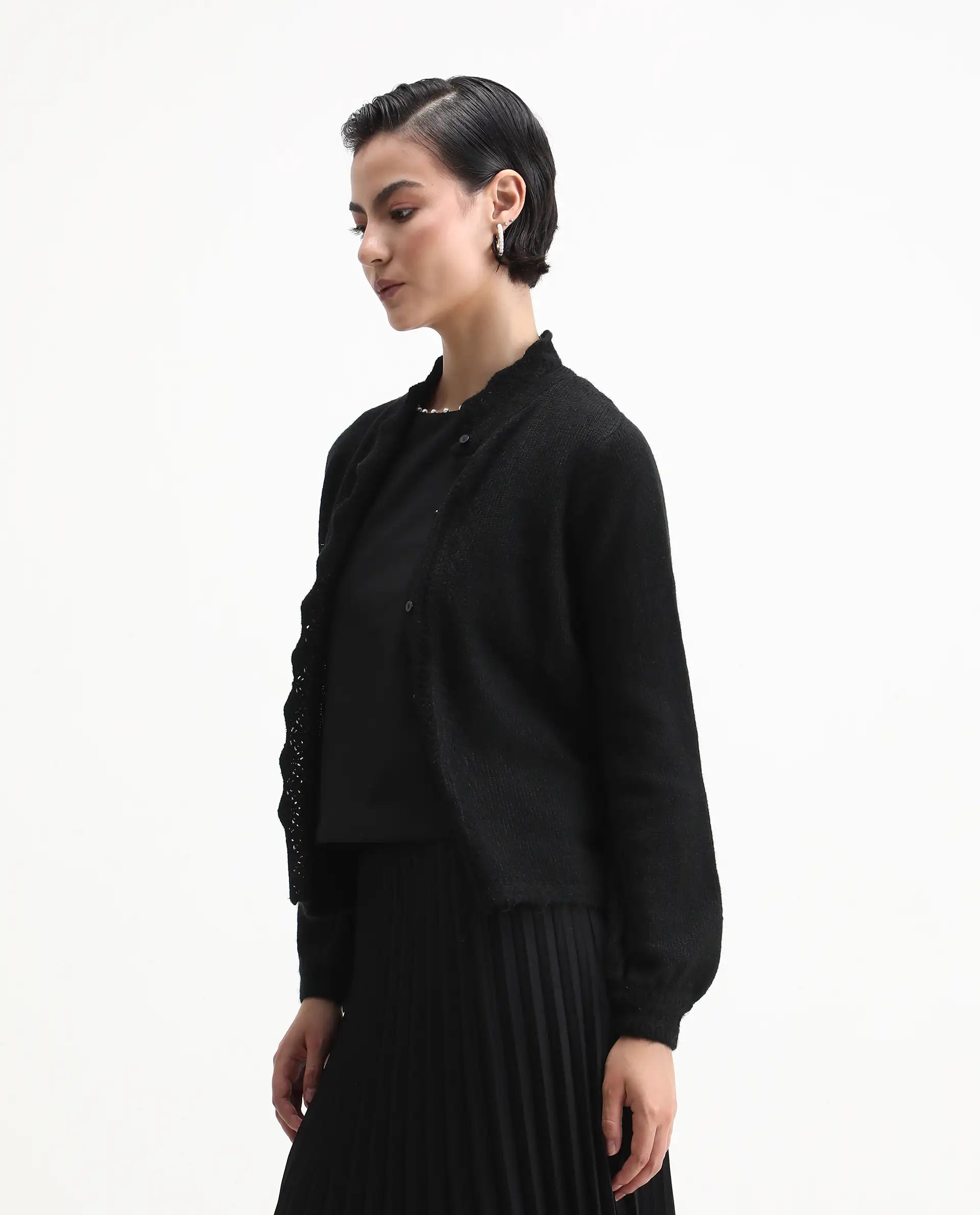 Rareism Women's Zika Black Acrylic Blend Crew Neck Regular Fit Shrug