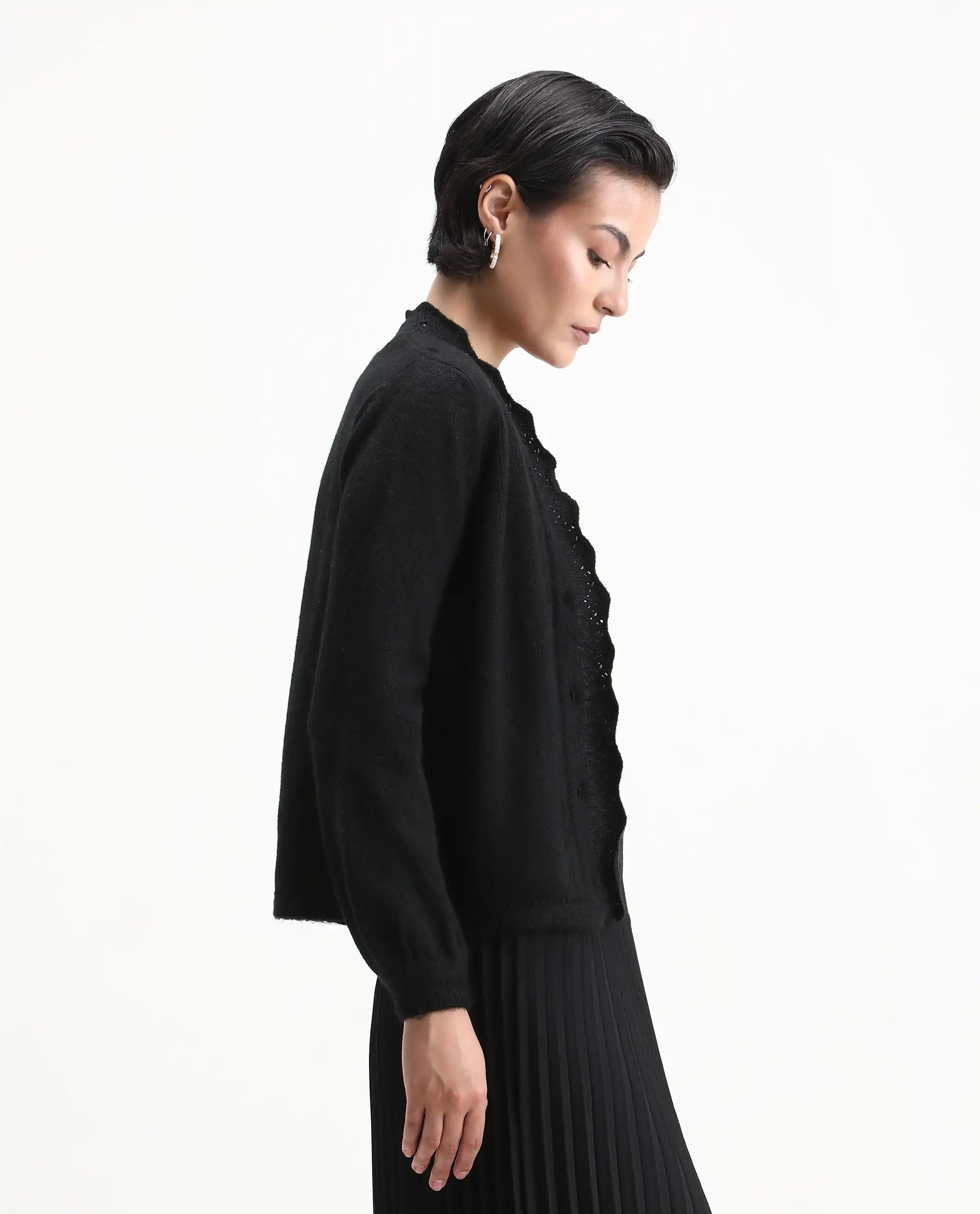 Rareism Women's Zika Black Acrylic Blend Crew Neck Regular Fit Shrug