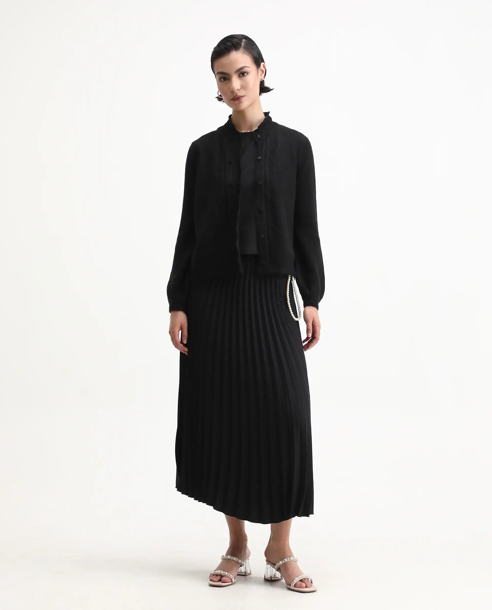 Rareism Women's Zika Black Acrylic Blend Crew Neck Regular Fit Shrug