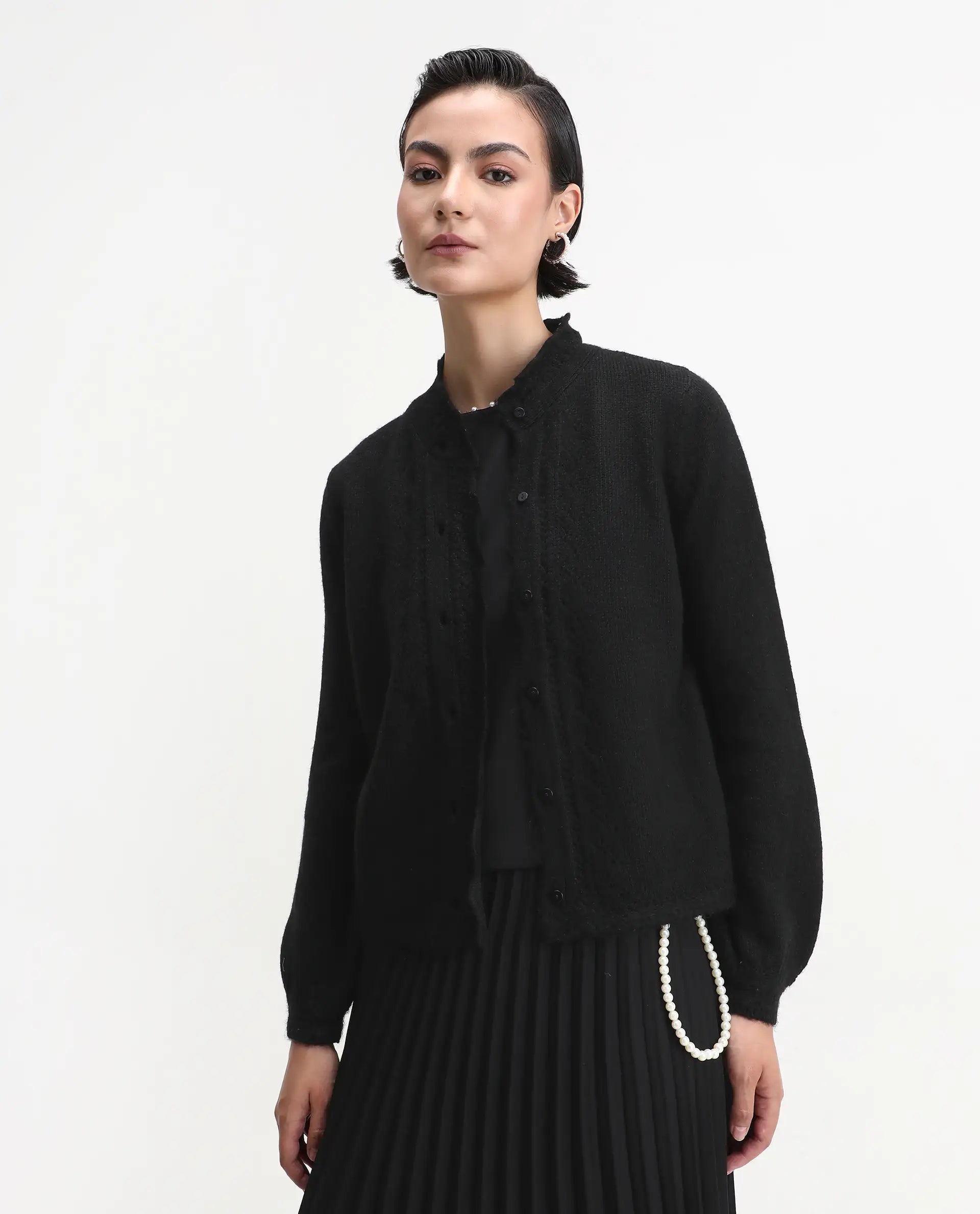 Rareism Women's Zika Black Acrylic Blend Crew Neck Regular Fit Shrug