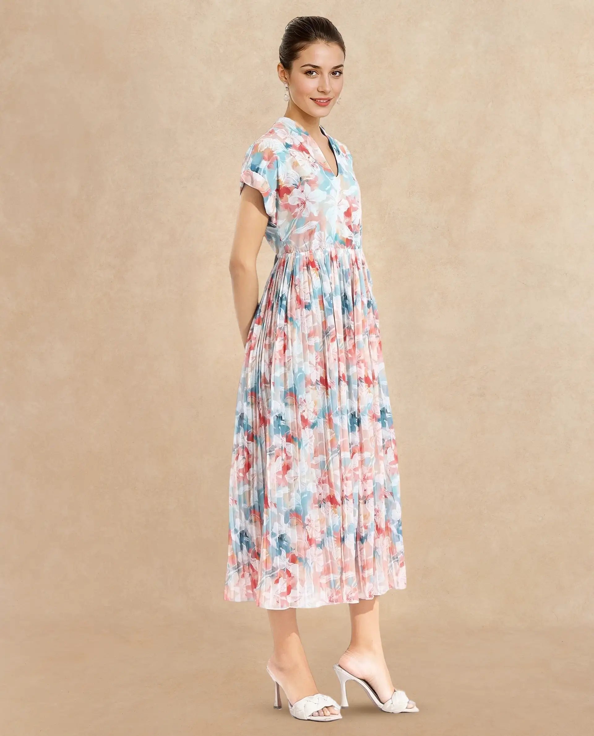 Rareism Women's Zinuzu Light Multi Polyester V-Neck Floral Print Extended Sleeves Midi Fit And Flare Dress