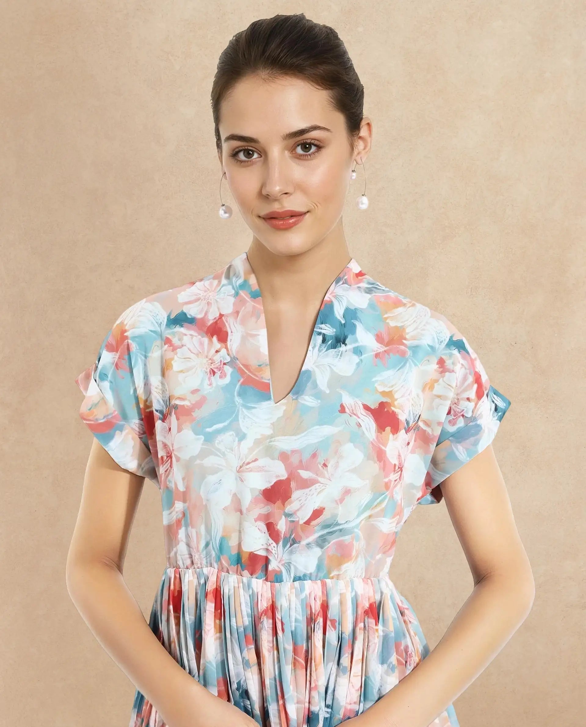 Rareism Women's Zinuzu Light Multi Polyester V-Neck Floral Print Extended Sleeves Midi Fit And Flare Dress