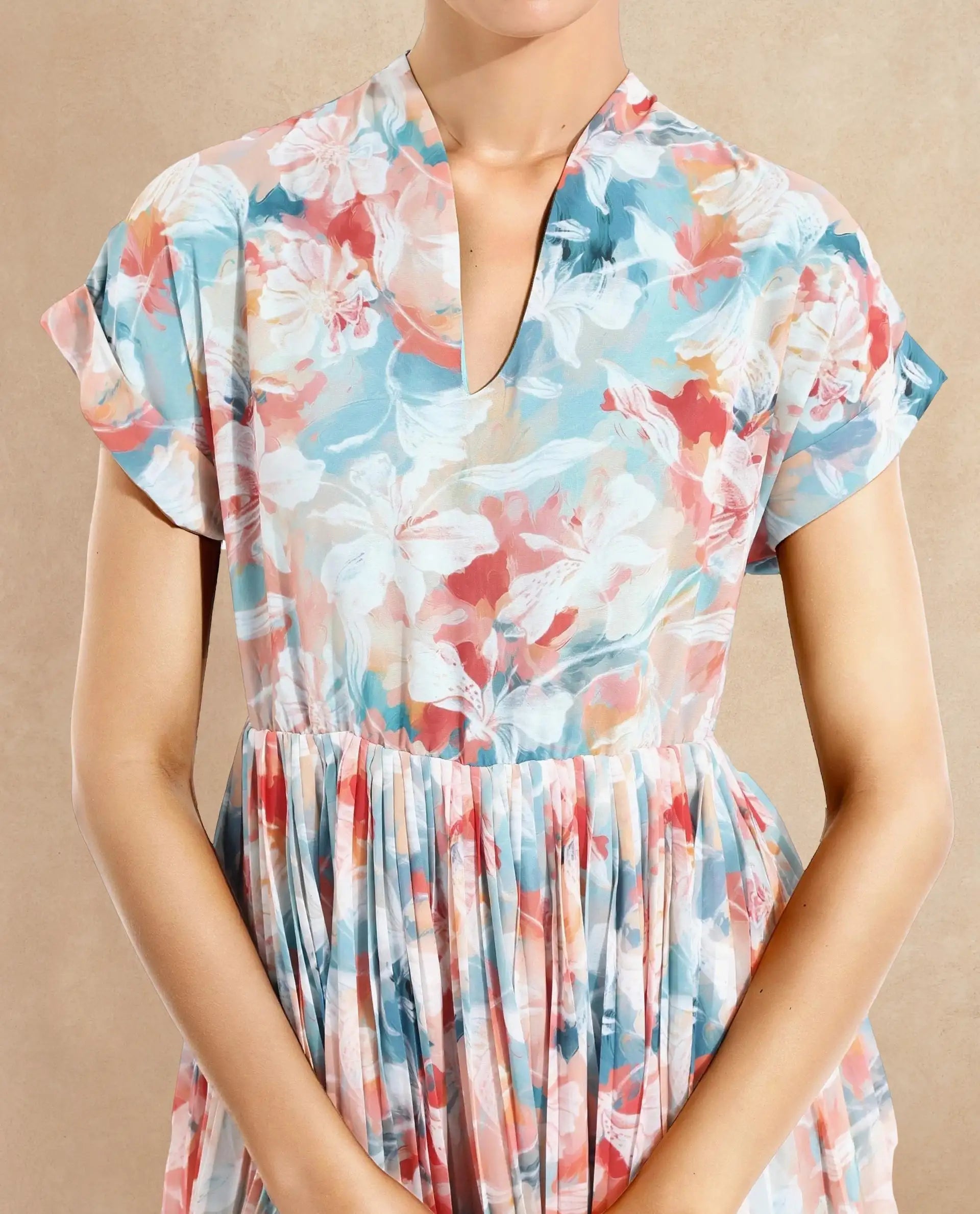 Rareism Women's Zinuzu Light Multi Polyester V-Neck Floral Print Extended Sleeves Midi Fit And Flare Dress