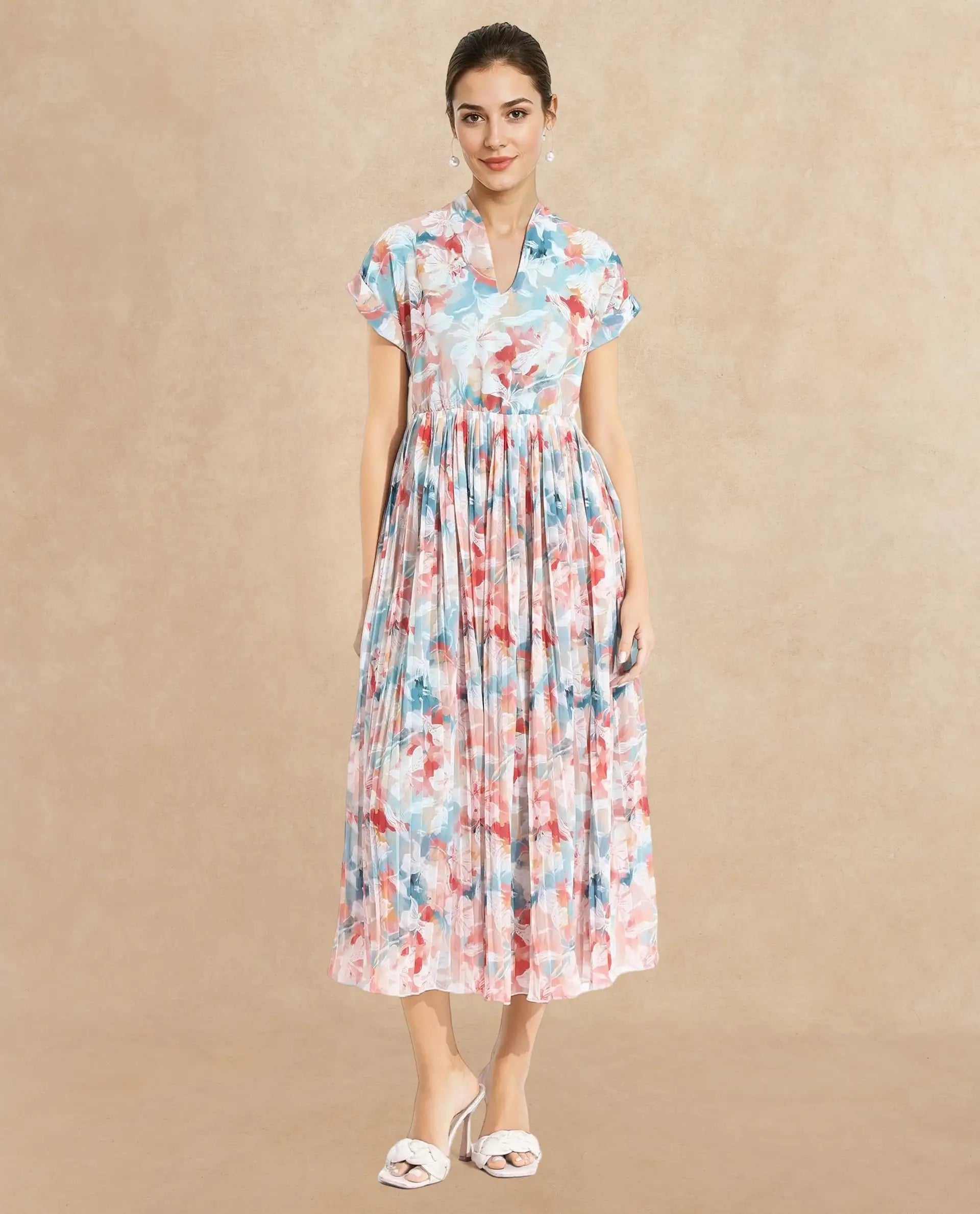 Rareism Women's Zinuzu Light Multi Polyester V-Neck Floral Print Extended Sleeves Midi Fit And Flare Dress