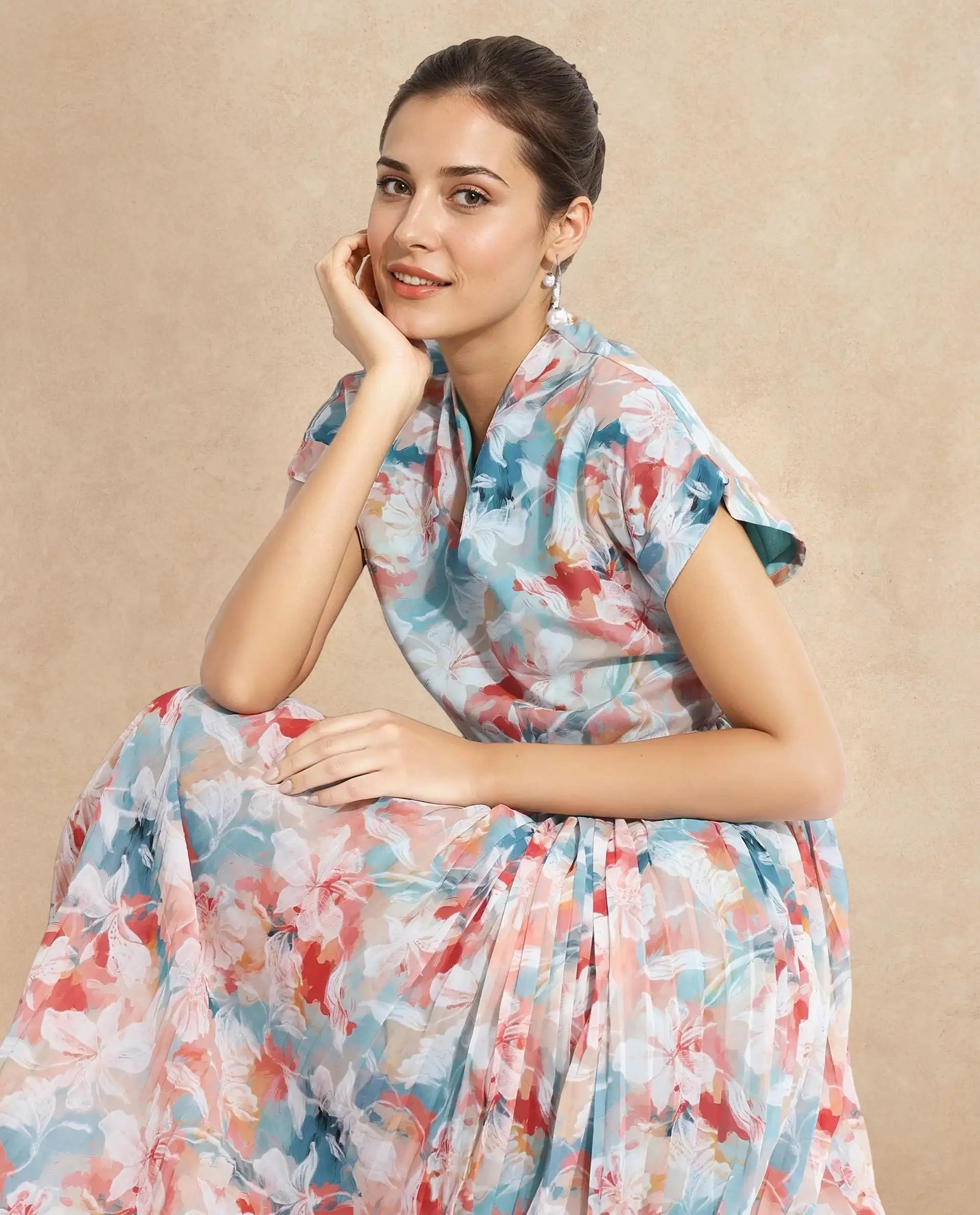 Rareism Women's Zinuzu Light Multi Polyester V-Neck Floral Print Extended Sleeves Midi Fit And Flare Dress