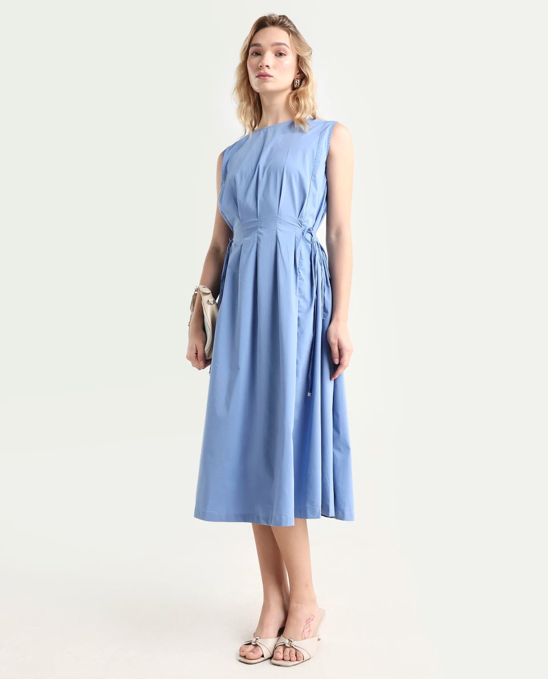 Rareism Women's Zippo Blue Boat Neck Plain Sleeveless Knee Length Regular Fit Dress