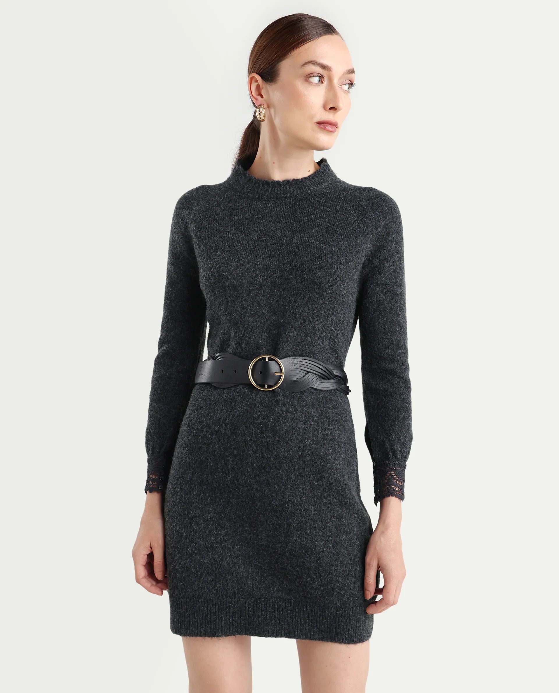 Rareism Women's Zisto Black Acrylic Blend Crew Neck Regular Fit Plain Dress