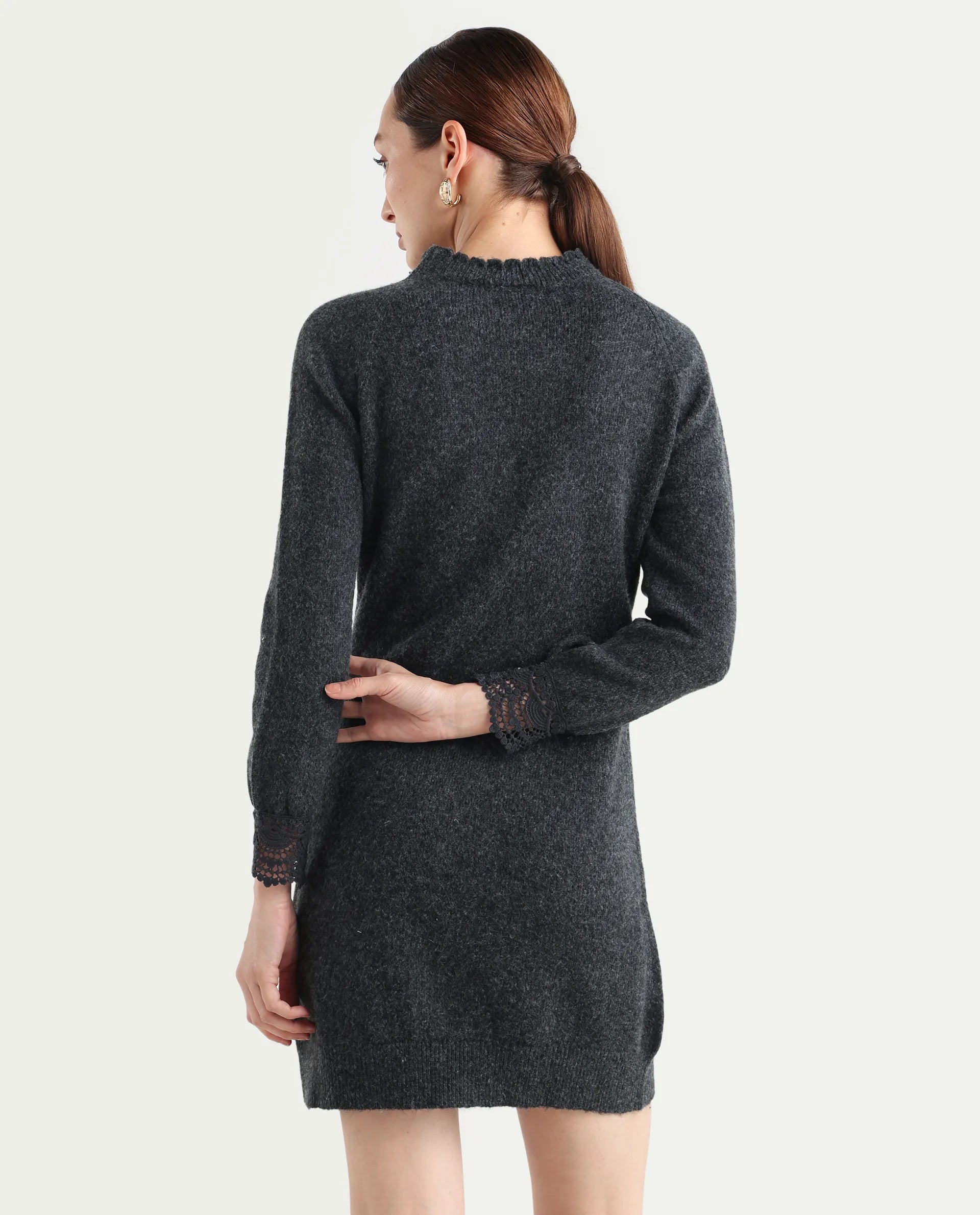 Rareism Women's Zisto Black Acrylic Blend Crew Neck Regular Fit Plain Dress