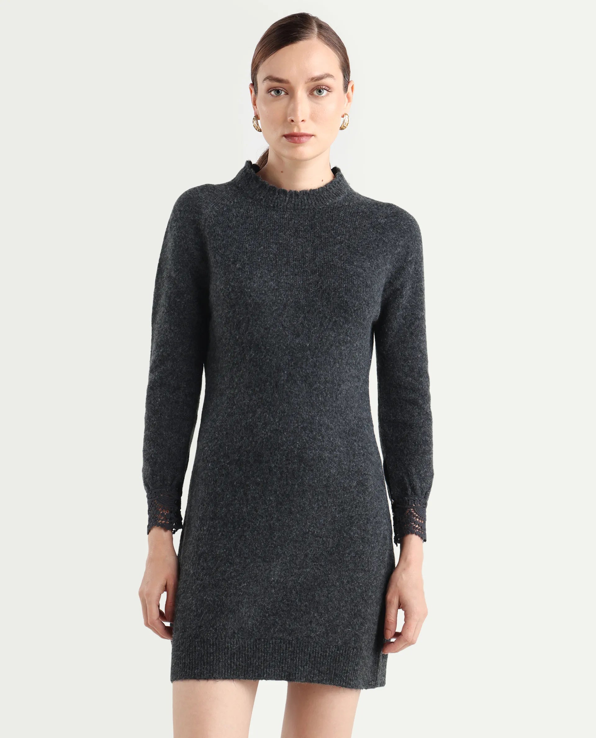 Rareism Women's Zisto Black Acrylic Blend Crew Neck Regular Fit Plain Dress