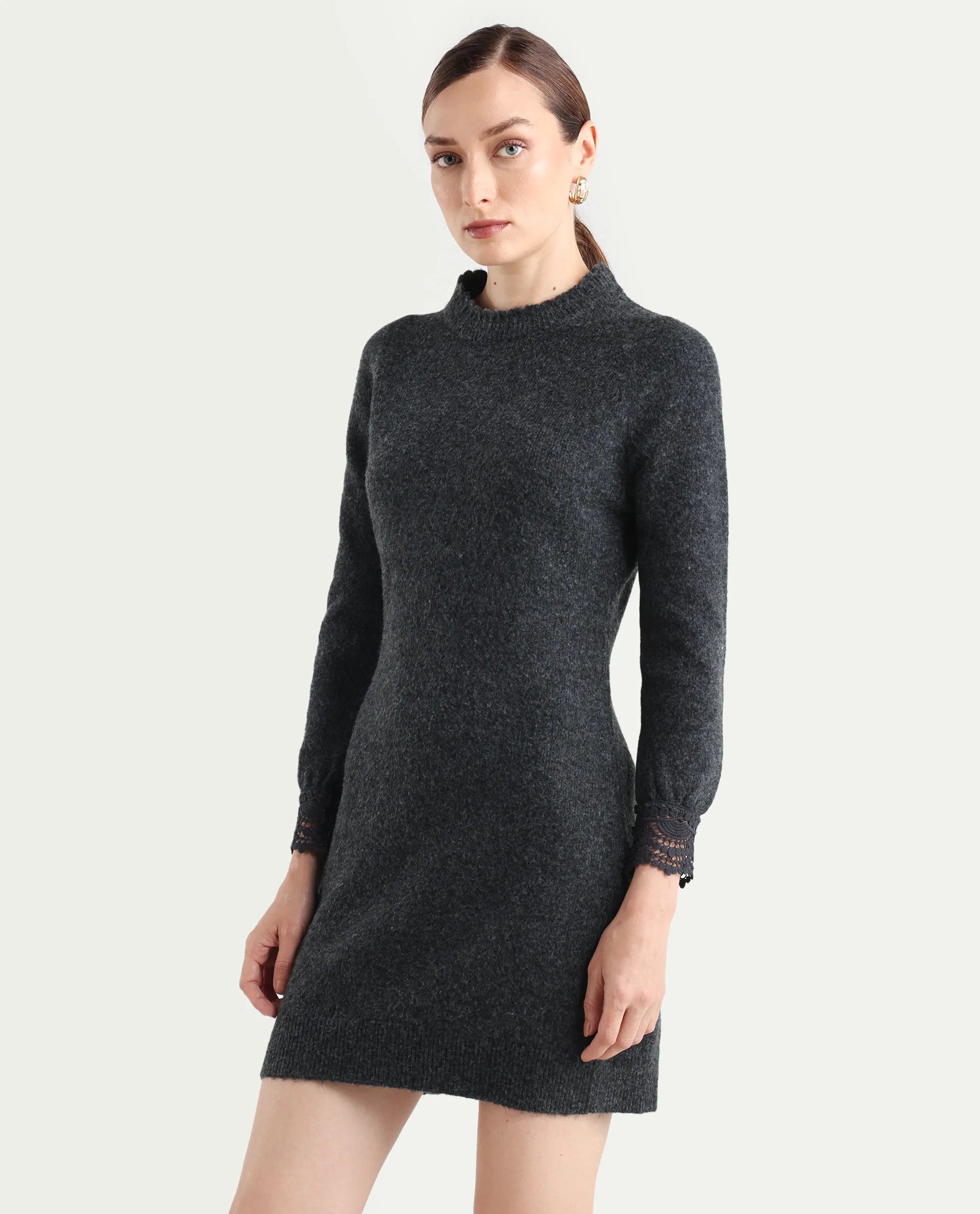 Rareism Women's Zisto Black Acrylic Blend Crew Neck Regular Fit Plain Dress