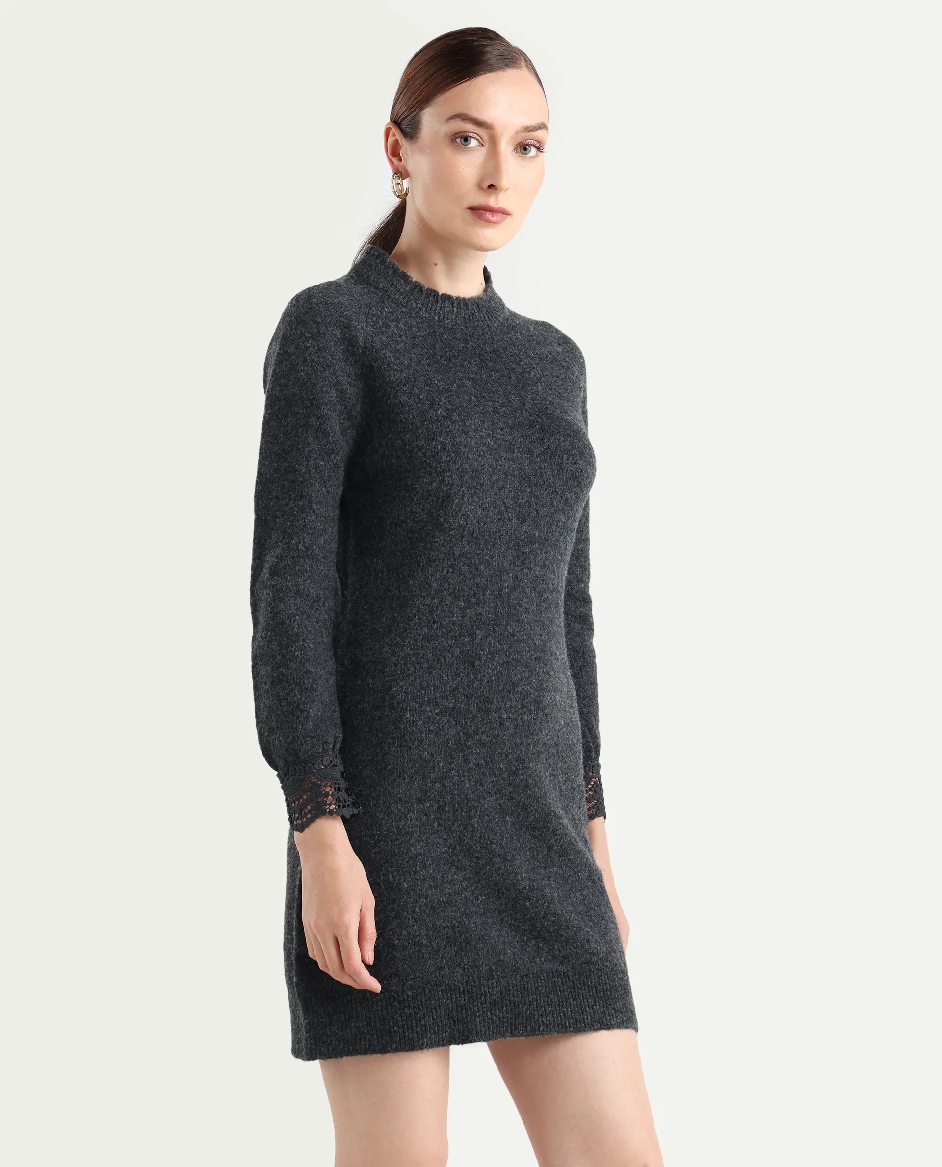 Rareism Women's Zisto Black Acrylic Blend Crew Neck Relaxed Fit Plain Dress