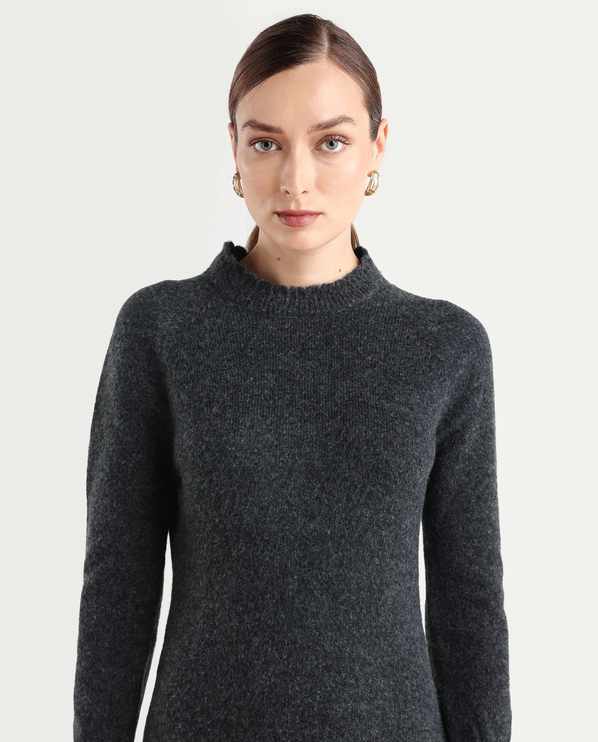 Rareism Women's Zisto Black Acrylic Blend Crew Neck Regular Fit Plain Dress