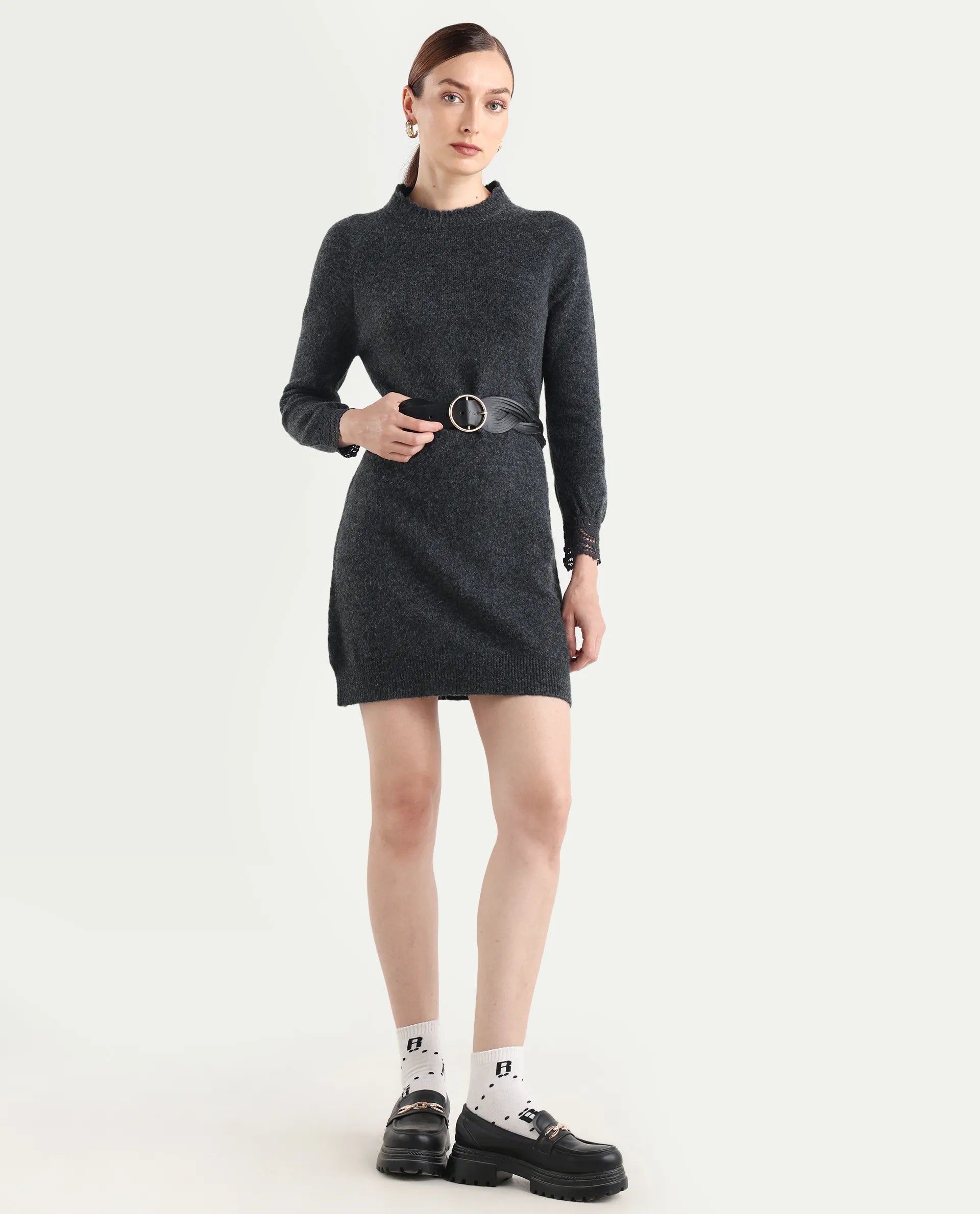 Rareism Women's Zisto Black Acrylic Blend Crew Neck Regular Fit Plain Dress