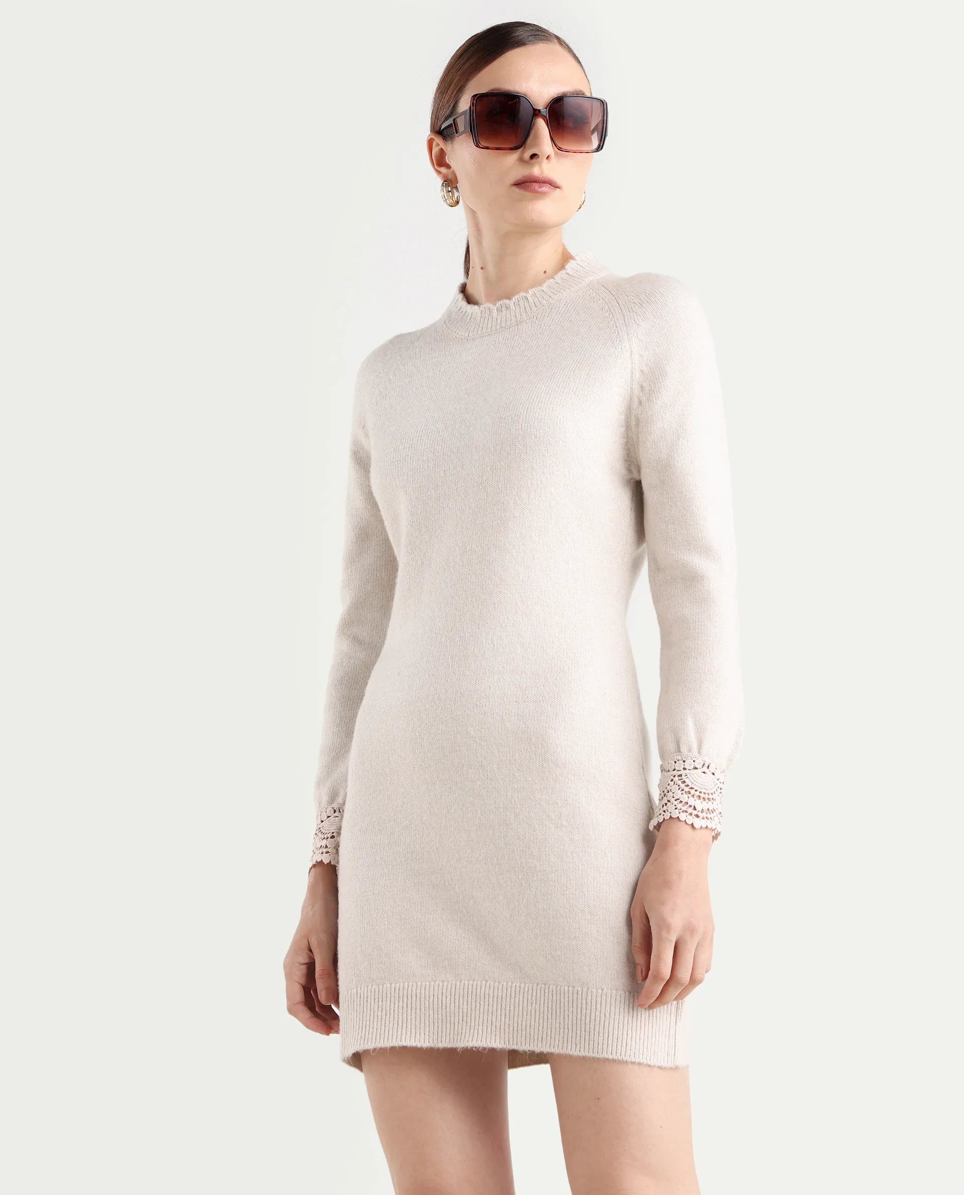 Rareism Women's Zisto Light Beige Acrylic Blend Crew Neck Relaxed Fit Plain Dress